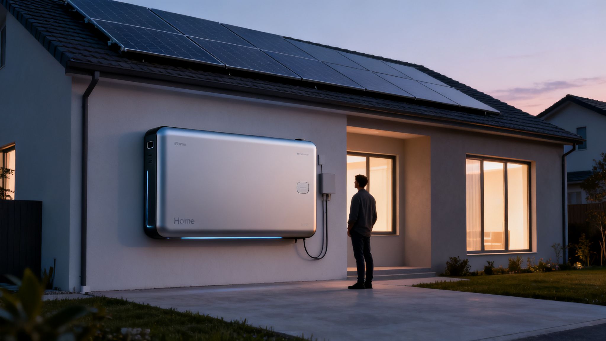 Een huis met zonnepanelen op het dak en een grote thuisbatterij aan de muur, met een persoon die ernaar kijkt tijdens schemering.