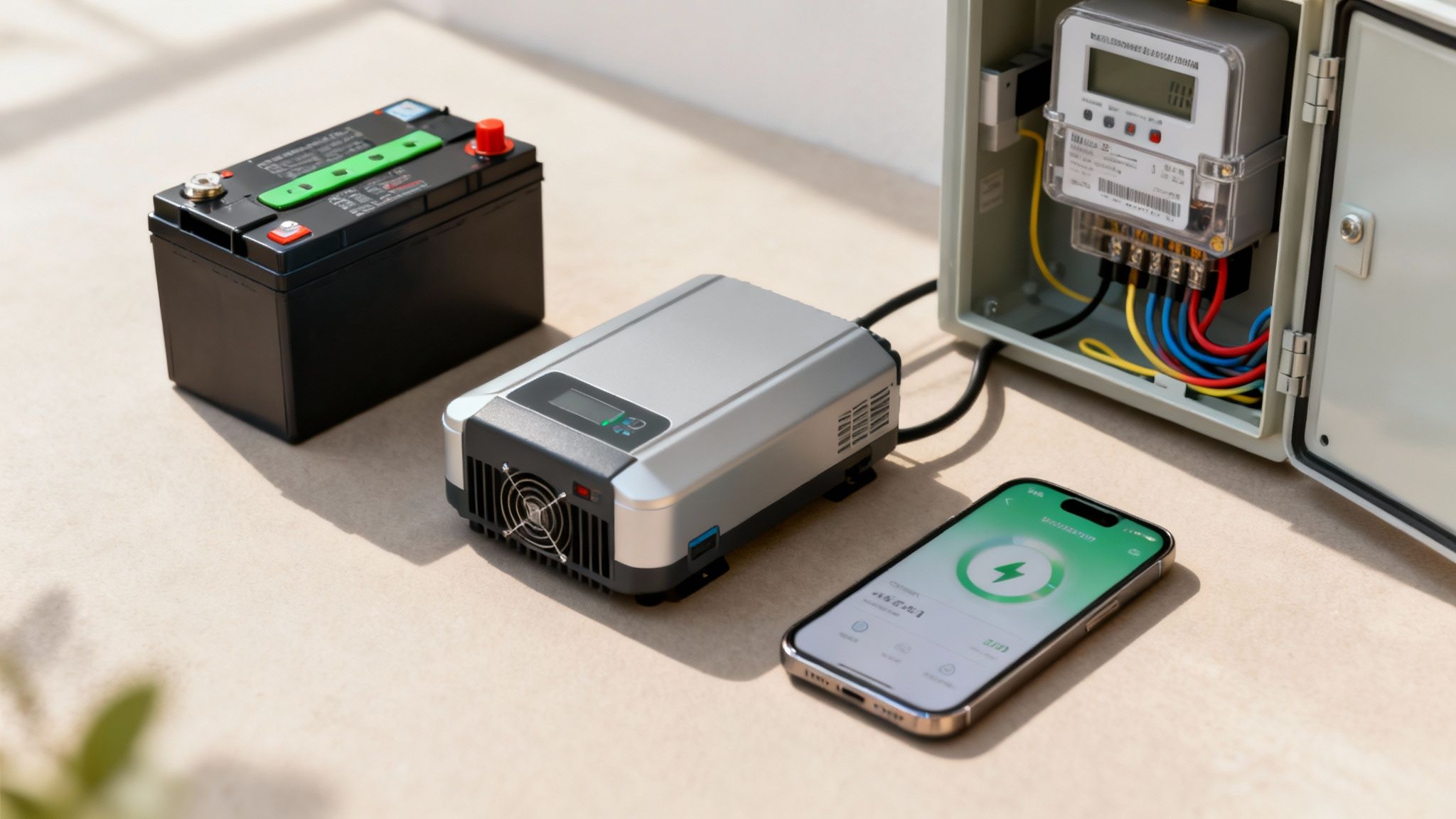 Zwarte thuisbatterij, zilveren omvormer, slimme energiemeter en smartphone met oplaadscherm op een tafel.