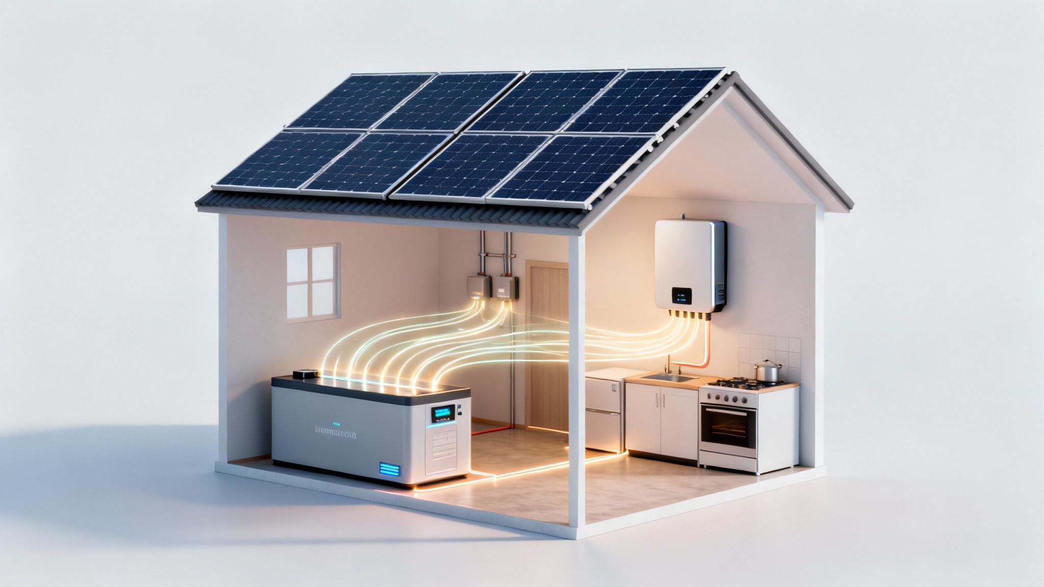 Afbeelding van een huis met zonnepanelen, energieopslagbatterij en stroomlijnen naar keukenapparaten.