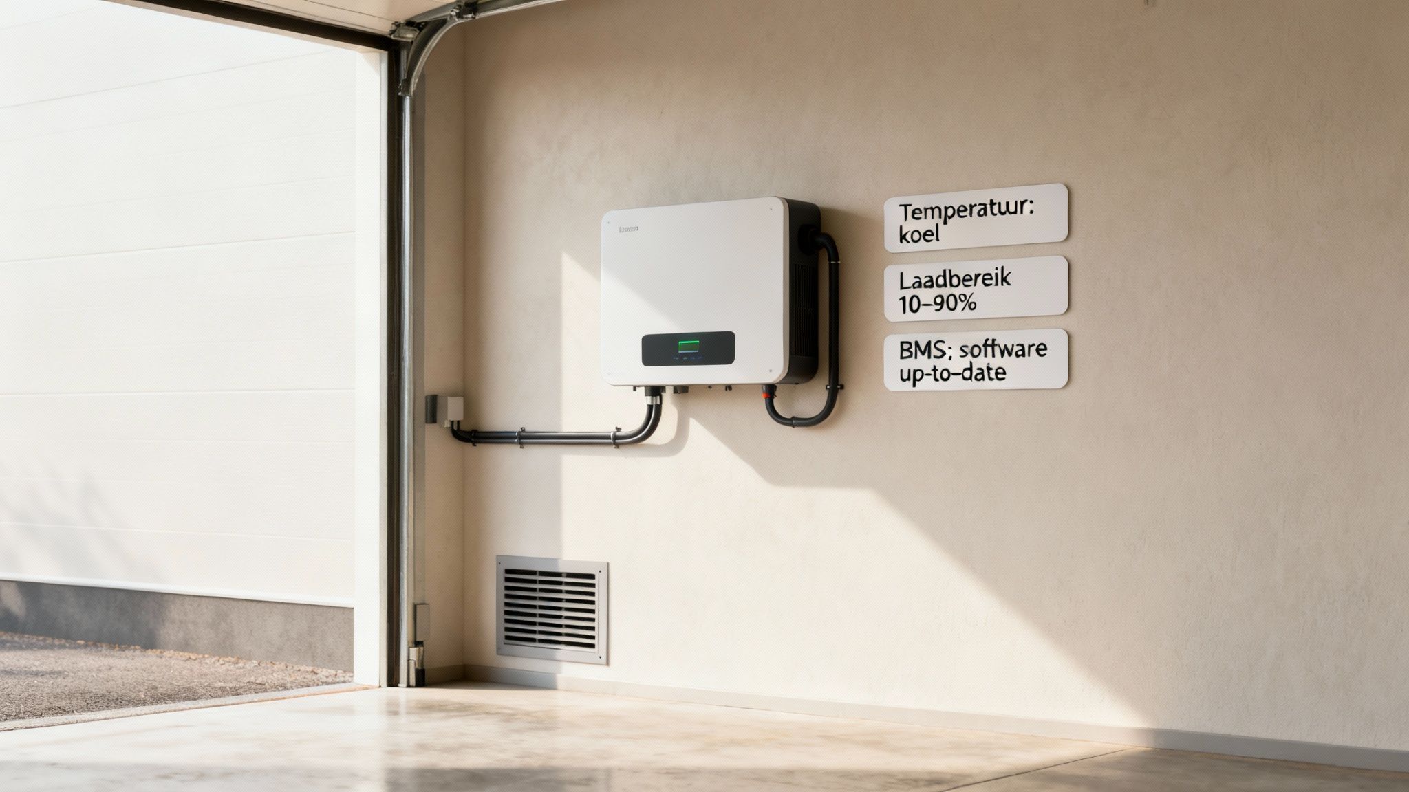 Hoe lang gaat een thuisbatterij mee? 5 Wit energieopslagsysteem gemonteerd aan de muur in een garage met drie informatiepanelen.