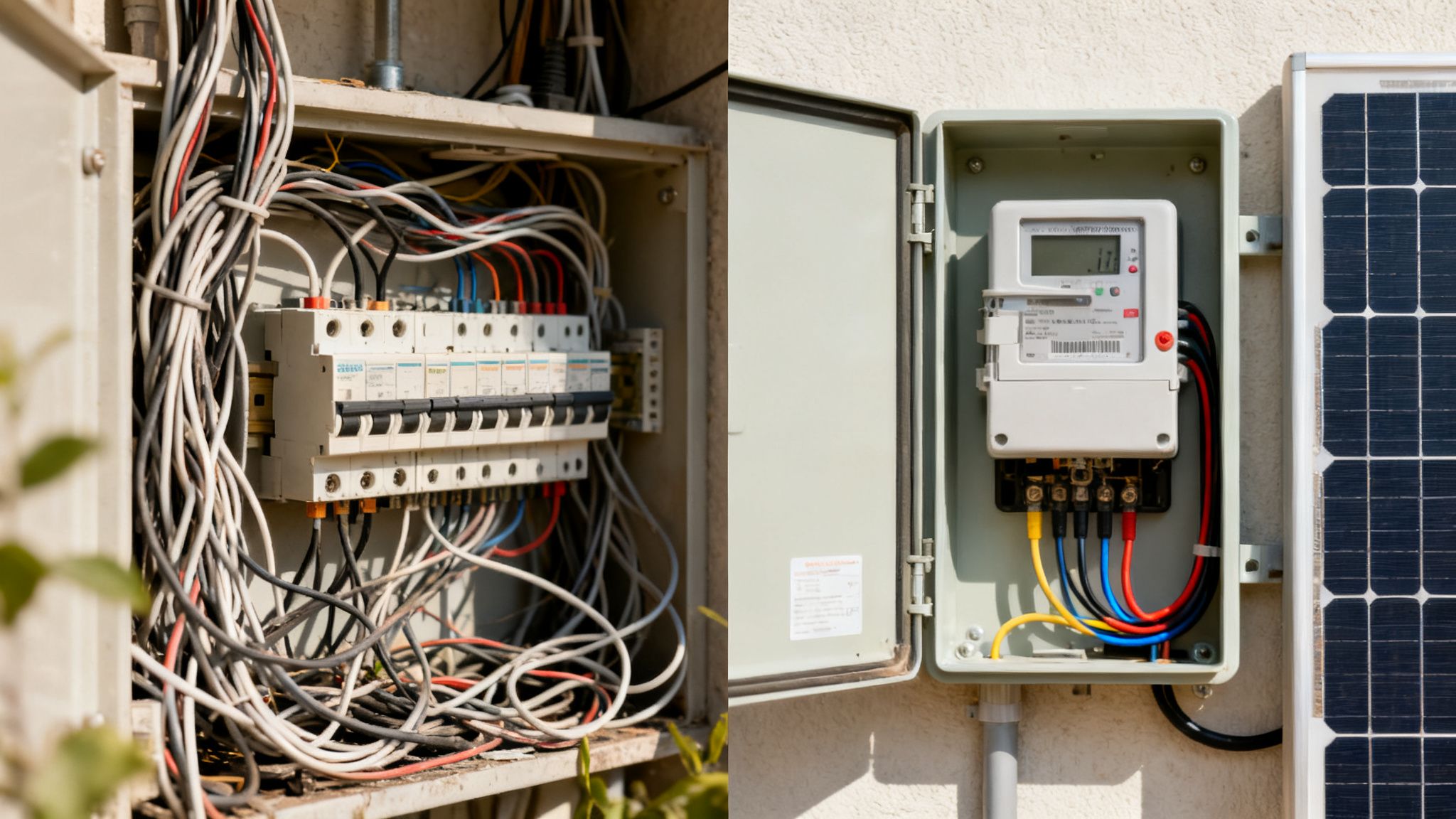 Aansluiting meterkast zonnepanelen: Alles over de installatie 5 Een elektrische installatie met een rommelige meterkast vol draden links en een nette energiemeter met zonnepanelen rechts.