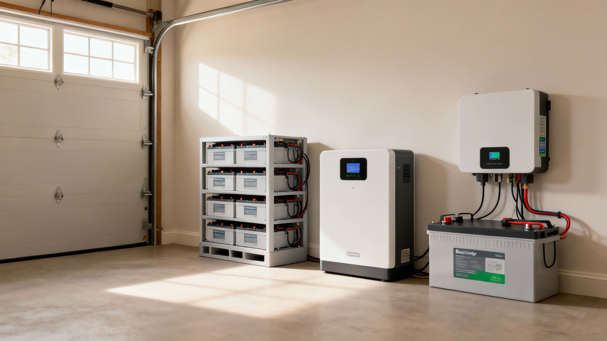Complete thuisbatterijopstelling in een garage met meerdere accu's en omvormers voor energieopslag.