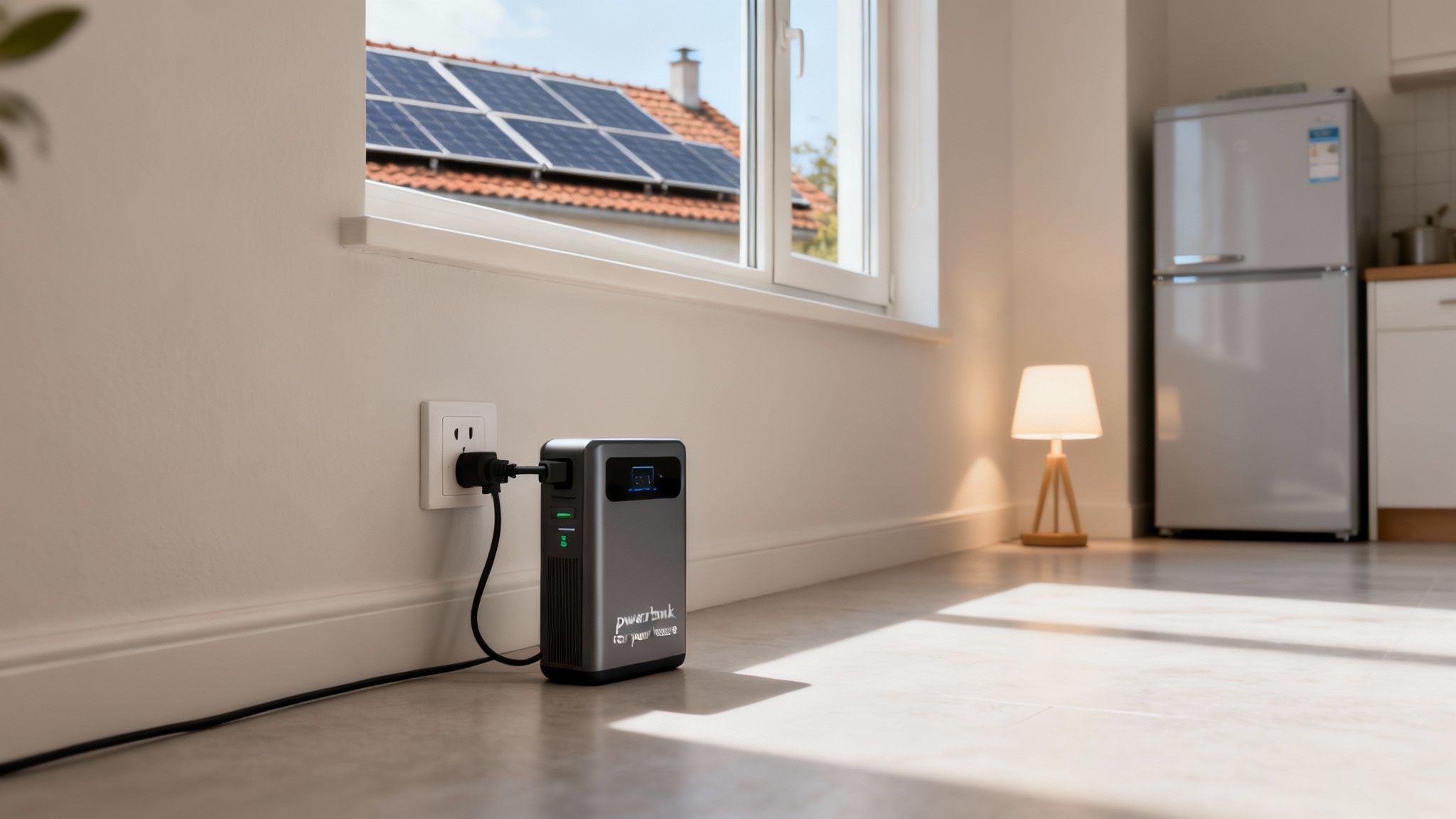 Een powerbank wordt opgeladen via een stopcontact in een huis met zonnepanelen op het dak.