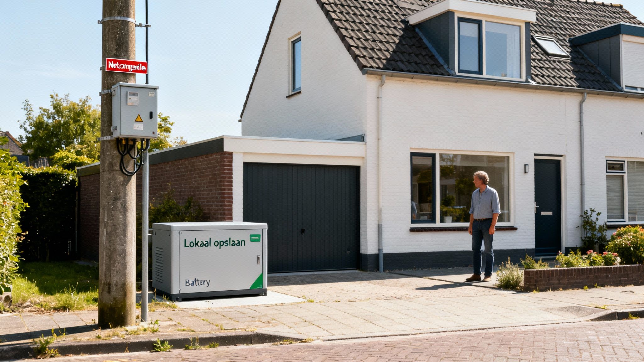 Wat is energieneutraal wonen? Een complete gids voor Nederland 4 Man staat voor een witte woning met een garage, naast een elektriciteitspaal en een grote energieopslagunit.