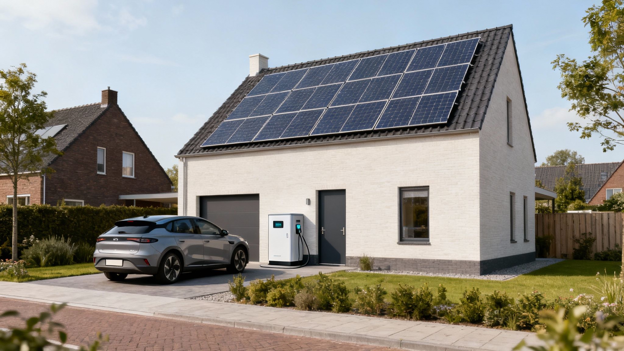 Modern huis met zonnepanelen, elektrische auto in oprit en laadpaal voor duurzaam wonen.