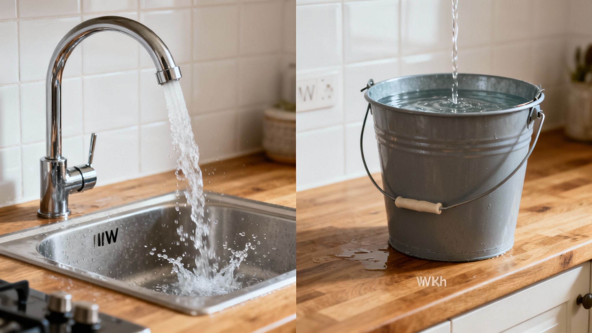 Wat is kWh en hoe beïnvloedt het je energierekening? 3 Een afbeelding die het gebruik van water toont: links een kraan in een gootsteen, rechts een emmer die overloopt.