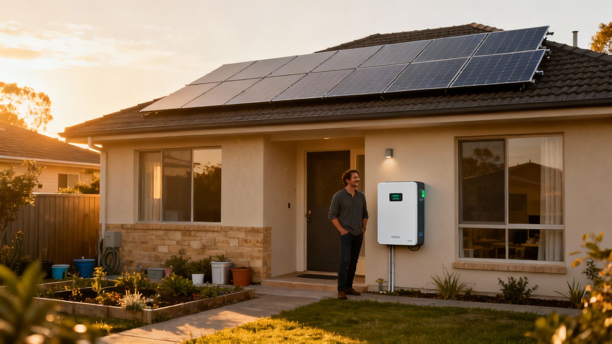 Wat kost een thuisbatterij: De complete gids voor prijzen en terugverdientijd 5 Een glimlende man staat voor zijn huis met zonnepanelen en een thuisbatterij in het avondlicht.