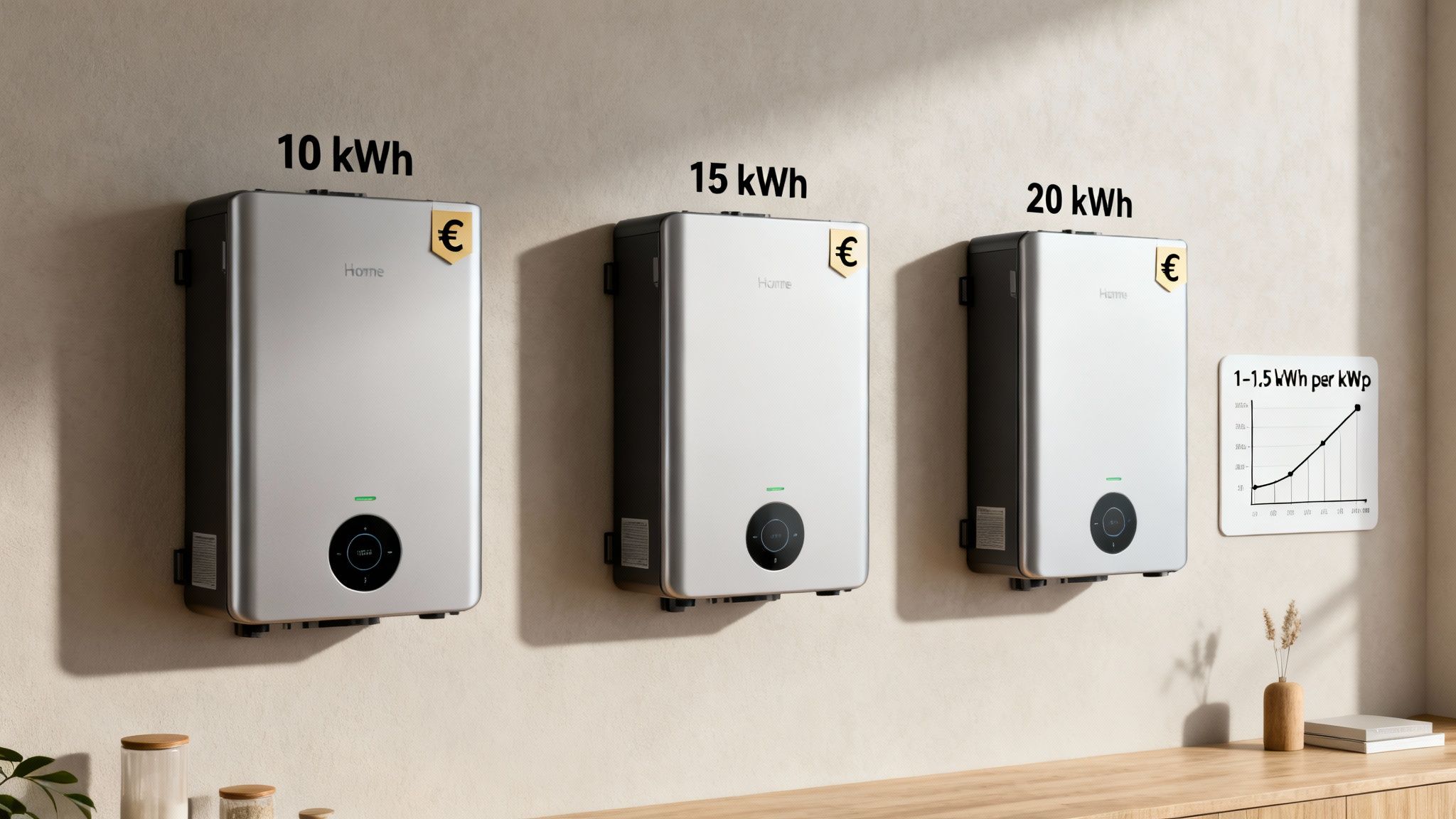 3-fase thuisbatterij: wat is het en wanneer heb je het nodig? 3 Thuisbatterijen van 10, 15 en 20 kWh met prijssymbolen en energiegrafiek tegen een muur.