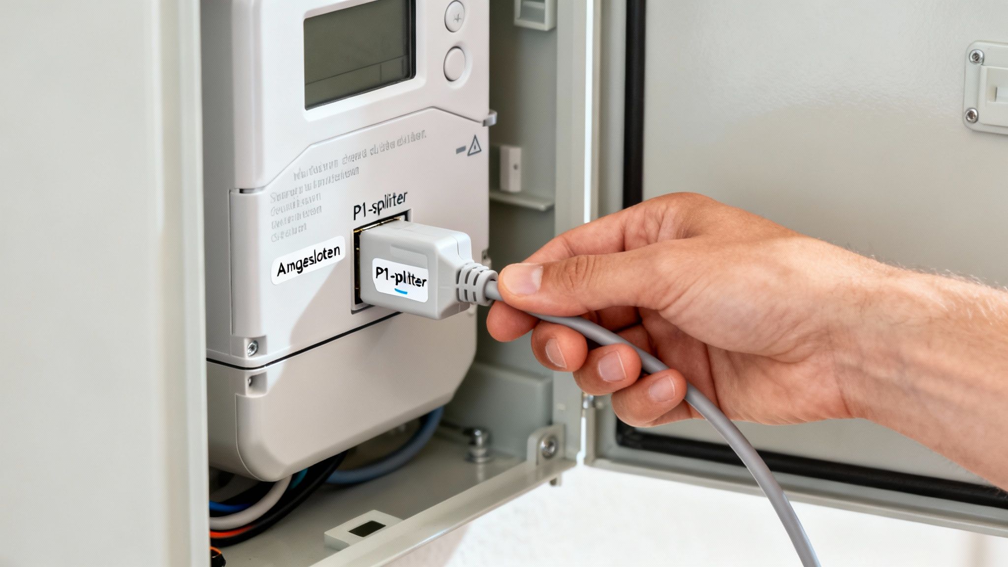 P1 meter installatie: een complete handleiding 4 Hand sluit een P1-splitter kabel aan op een slimme meter met 'Afgesloten' markering.