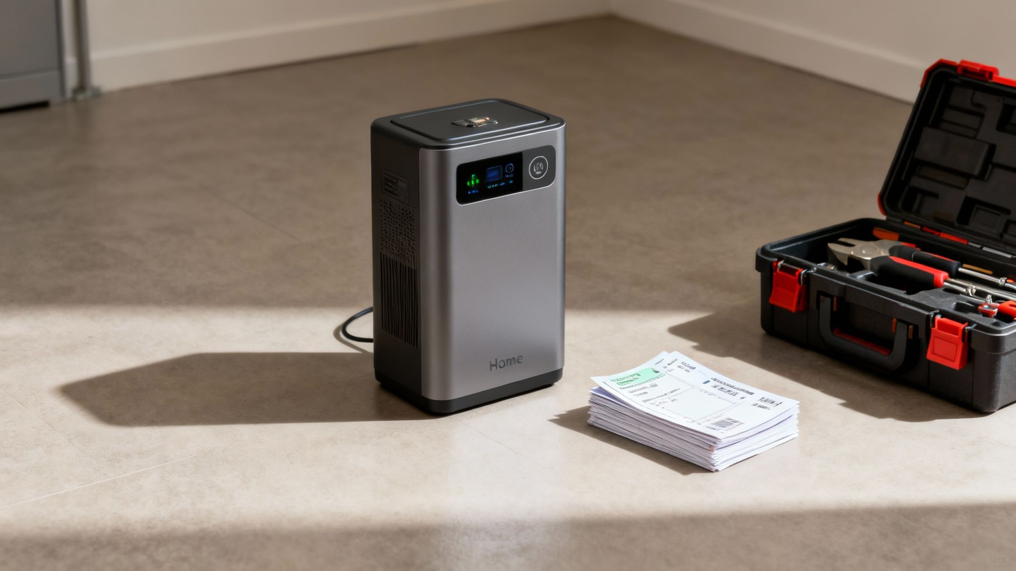 Zonnepanelen met thuisbatterij: de complete gids 3 Een grijs apparaat met 'Home' erop, een gereedschapskist en stapel papieren op een lichte vloer.