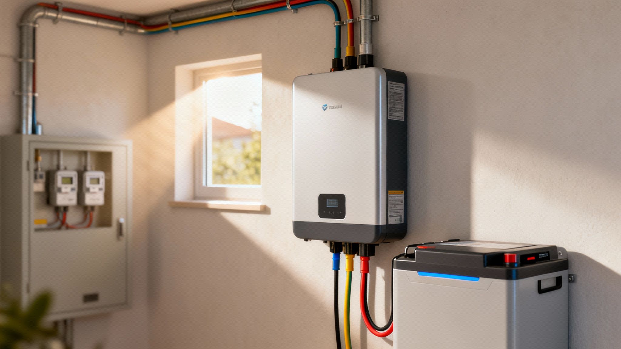 Installatie van een hybride omvormer, thuisbatterij en meterkast in een huis, verlicht door zonlicht.