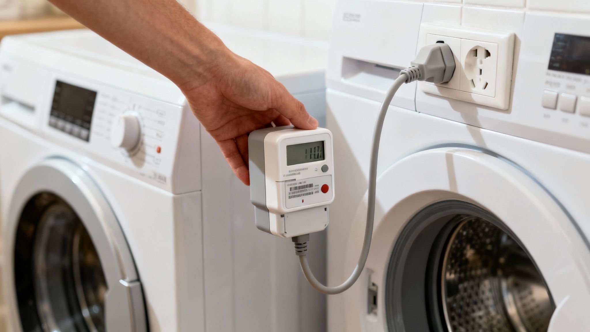 Hand steekt energiemeter in stopcontact van wasmachine om verbruik te meten.