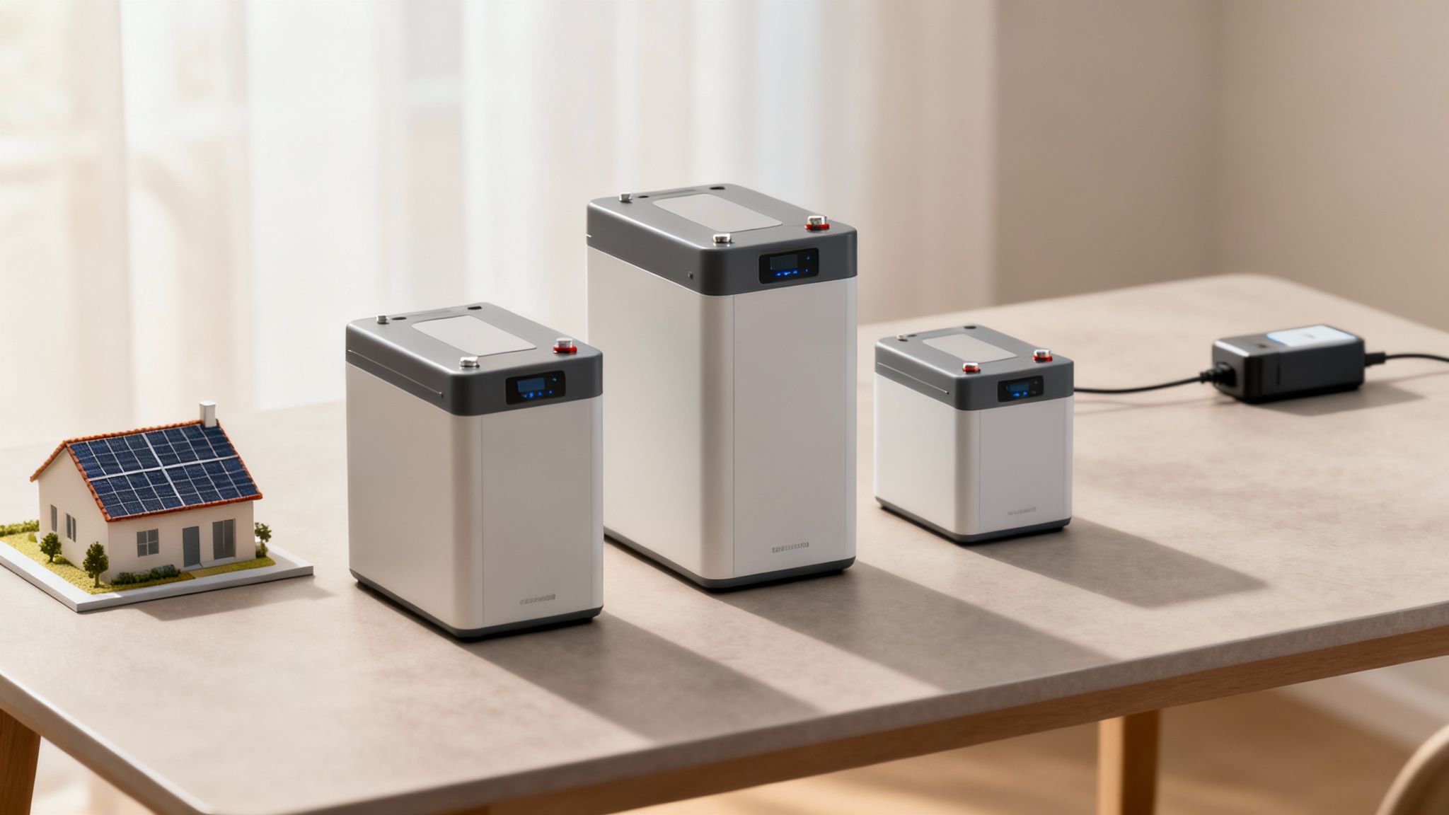 Zonnepanelen met accu opslag: de complete gids 4 Miniatuur huis met zonnepanelen en drie thuisbatterij-opslagsystemen van verschillende groottes op een tafel.