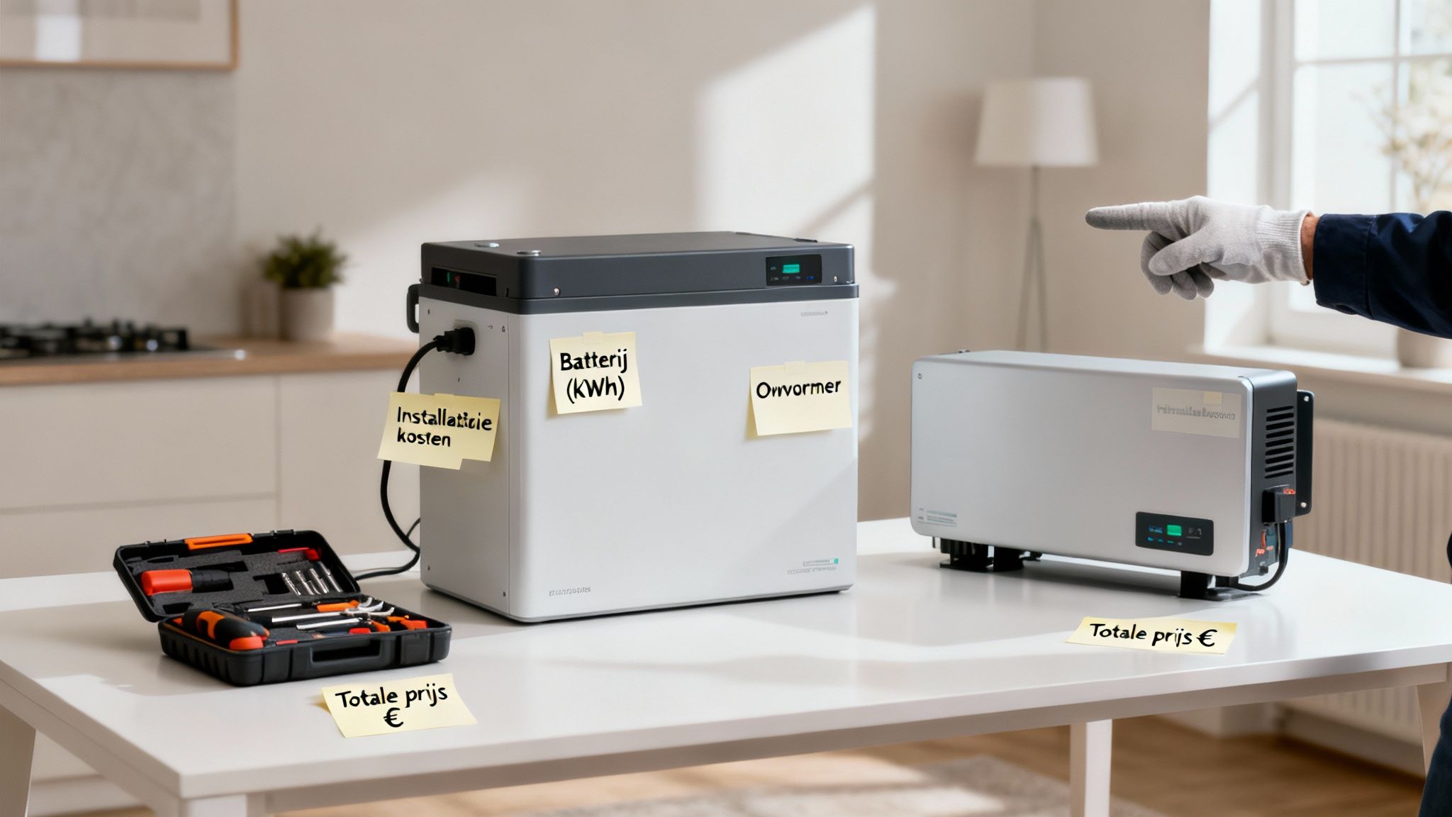 Wat kost een thuisbatterij voor zonnepanelen? Een compleet overzicht 3 Afbeelding van een thuisbatterij en omvormer met kostenlabels, gereedschap en een wijzende hand.