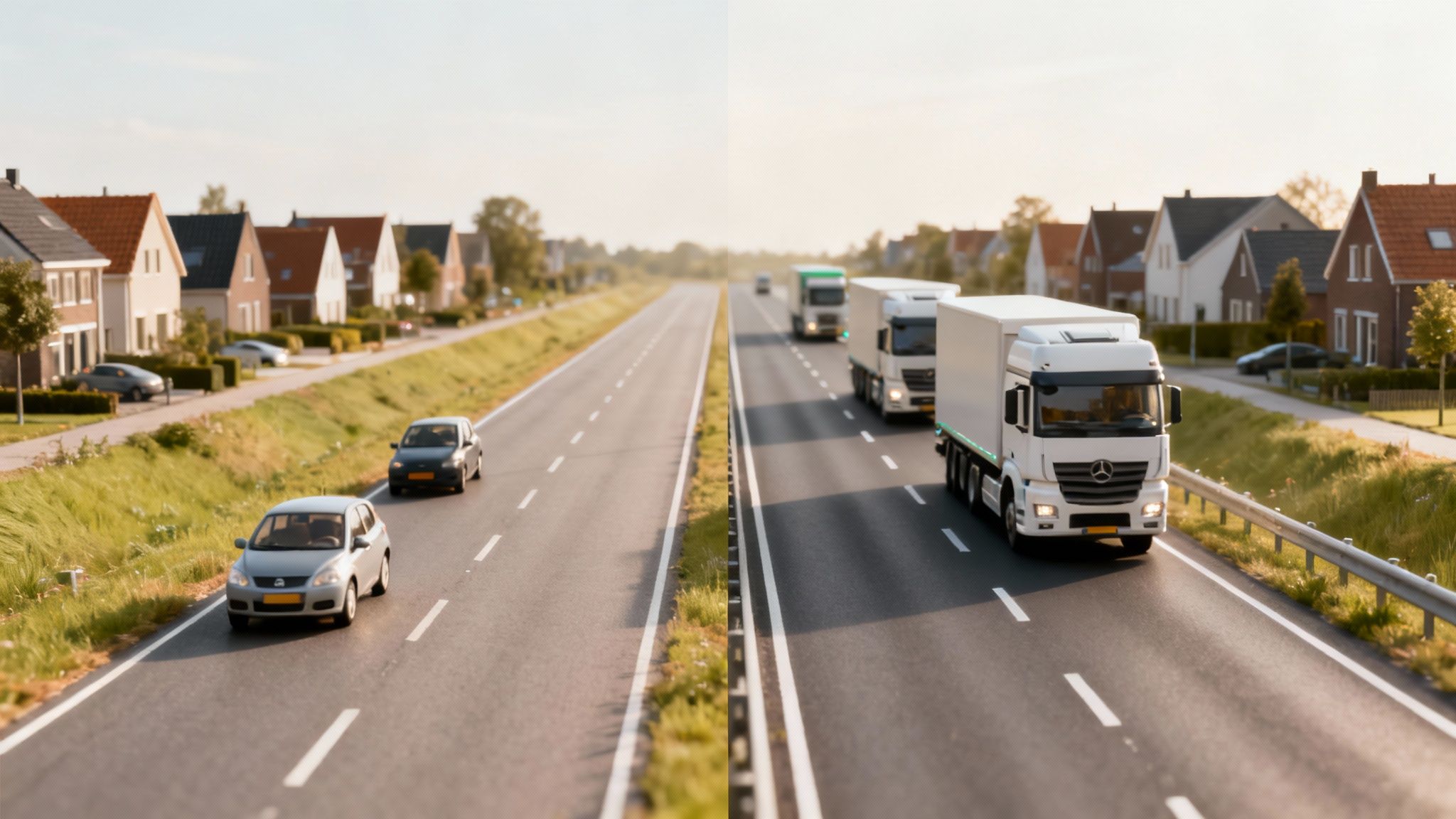 Wat is krachtstroom? Een heldere uitleg over 1-fase- en 3-faseaansluitingen 2 Een snelweg met rijdende auto's en vrachtwagens, omringd door huizen en groen onder een heldere lucht.