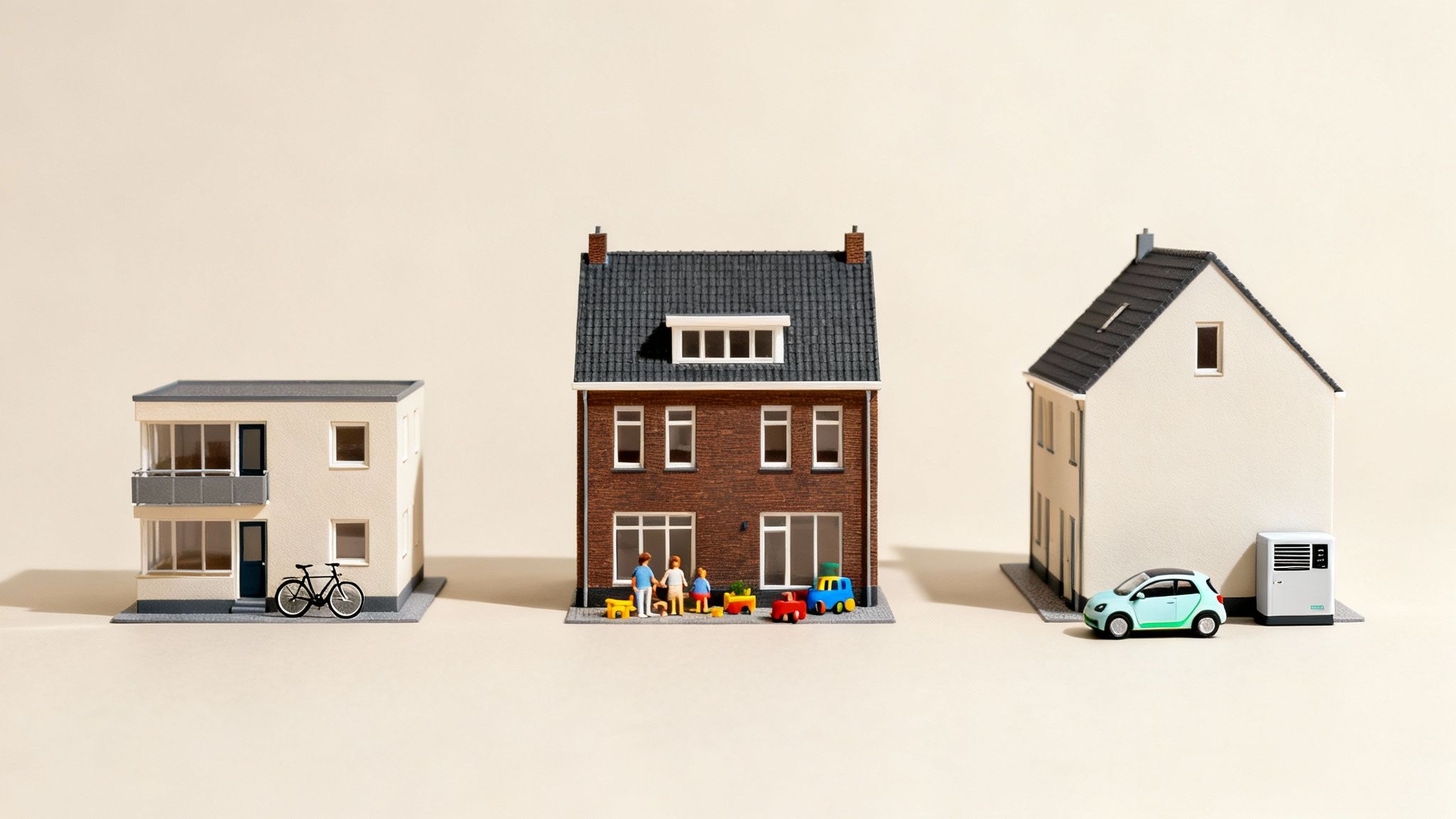 Drie miniatuurhuizen: een appartement, bakstenen gezinswoning met gezin en een vrijstaand huis met elektrische auto.