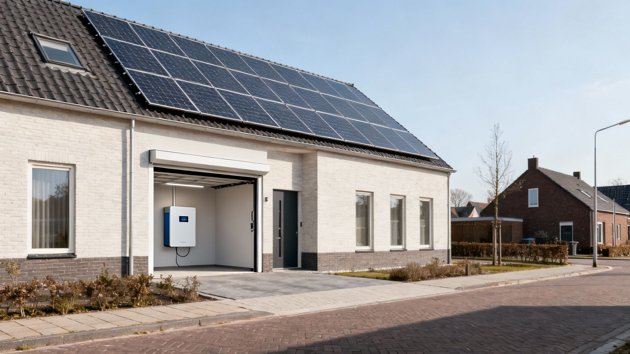 Zonnepanelen met accu opslag: de complete gids 2 Een modern huis met zonnepanelen op het dak en een wit-blauw energieopslagsysteem in de open garage.