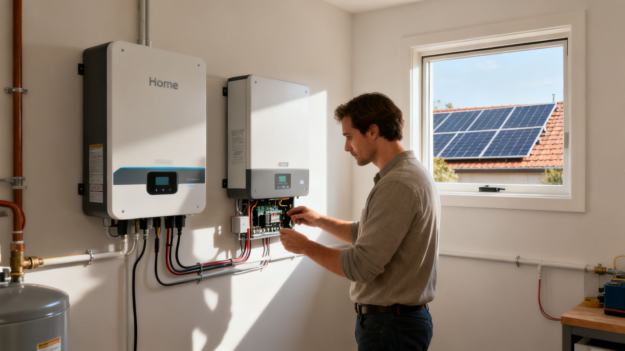 Man werkt aan een zonne-energie omvormer in huis, met zonnepanelen zichtbaar buiten het raam.