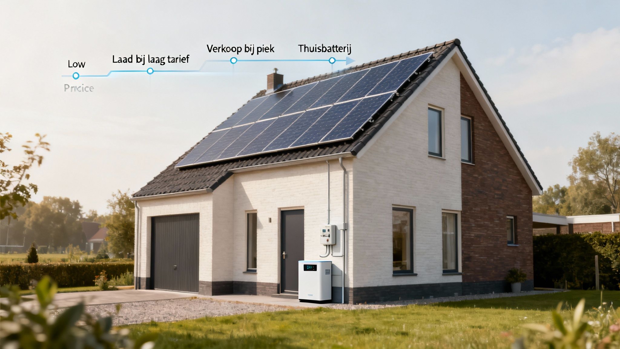 Is een thuisbatterij rendabel? Kosten, terugverdientijd en de situatie in Nederland 2 Huis met zonnepanelen en thuisbatterij, illustrerend slim energiebeheer met lage en piektarieven.