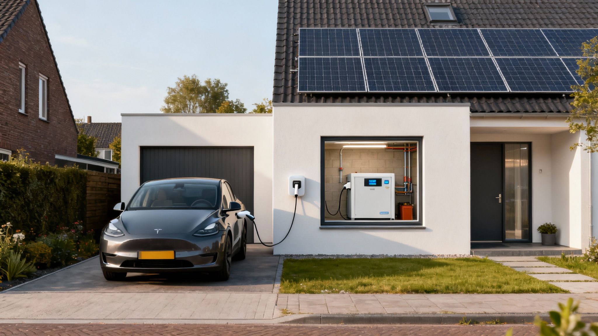Wat is de beste thuisbatterij van 20 kWh? 2 Moderne woning met zonnepanelen op het dak, een elektrische auto die oplaadt en een thuisbatterij systeem in het huis.