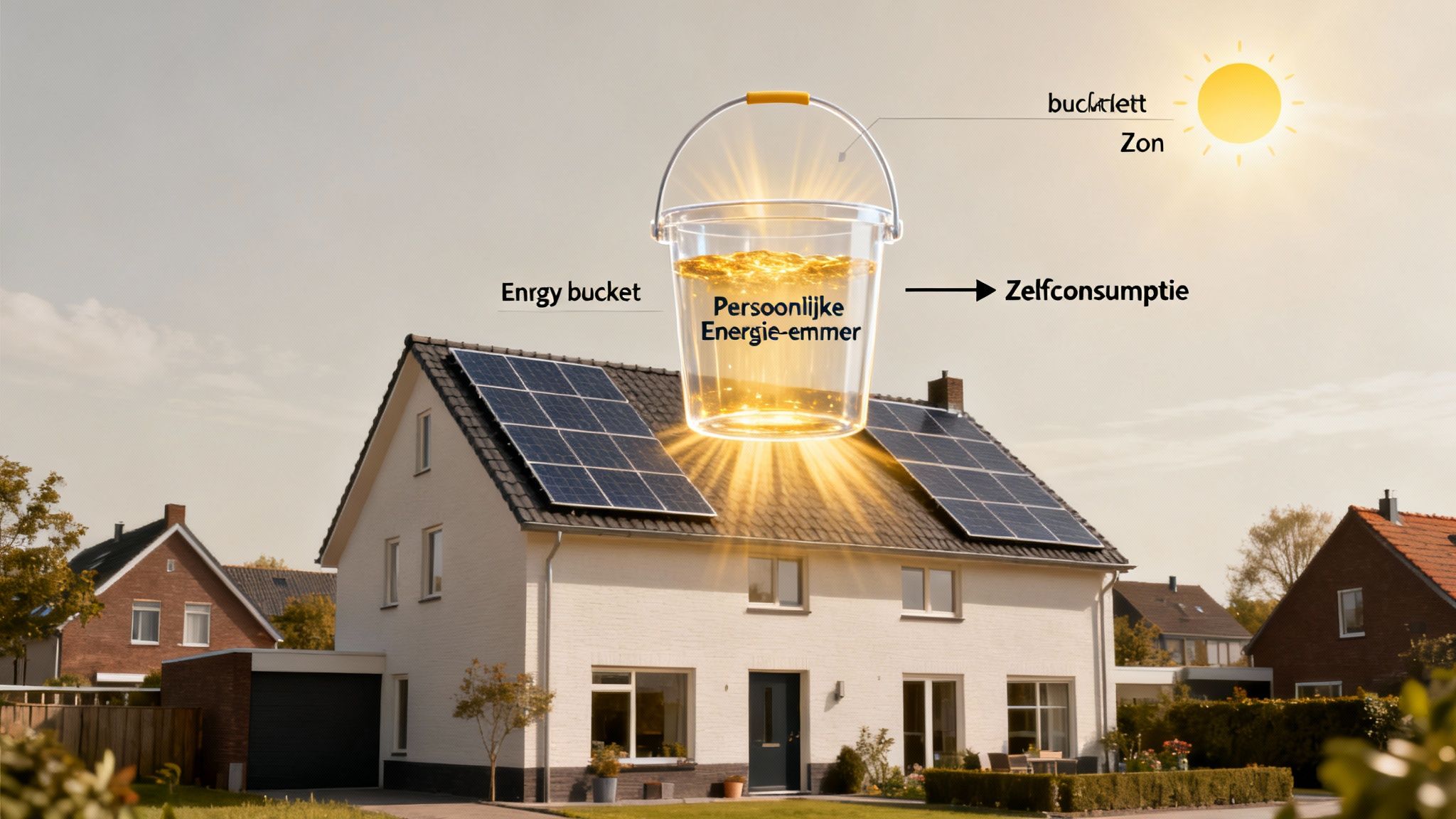Illustratie van een huis met zonnepanelen die energie opwekken, symbolisch opgeslagen in een energie-emmer voor zelfconsumptie.