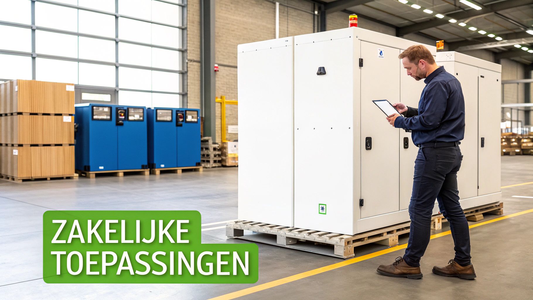 Een man met een tablet inspecteert grote witte industriële kasten in een magazijn, met blauwe machines op de achtergrond. De tekst 'ZAKELIJKE TOEPASSSINGEN' is zichtbaar.