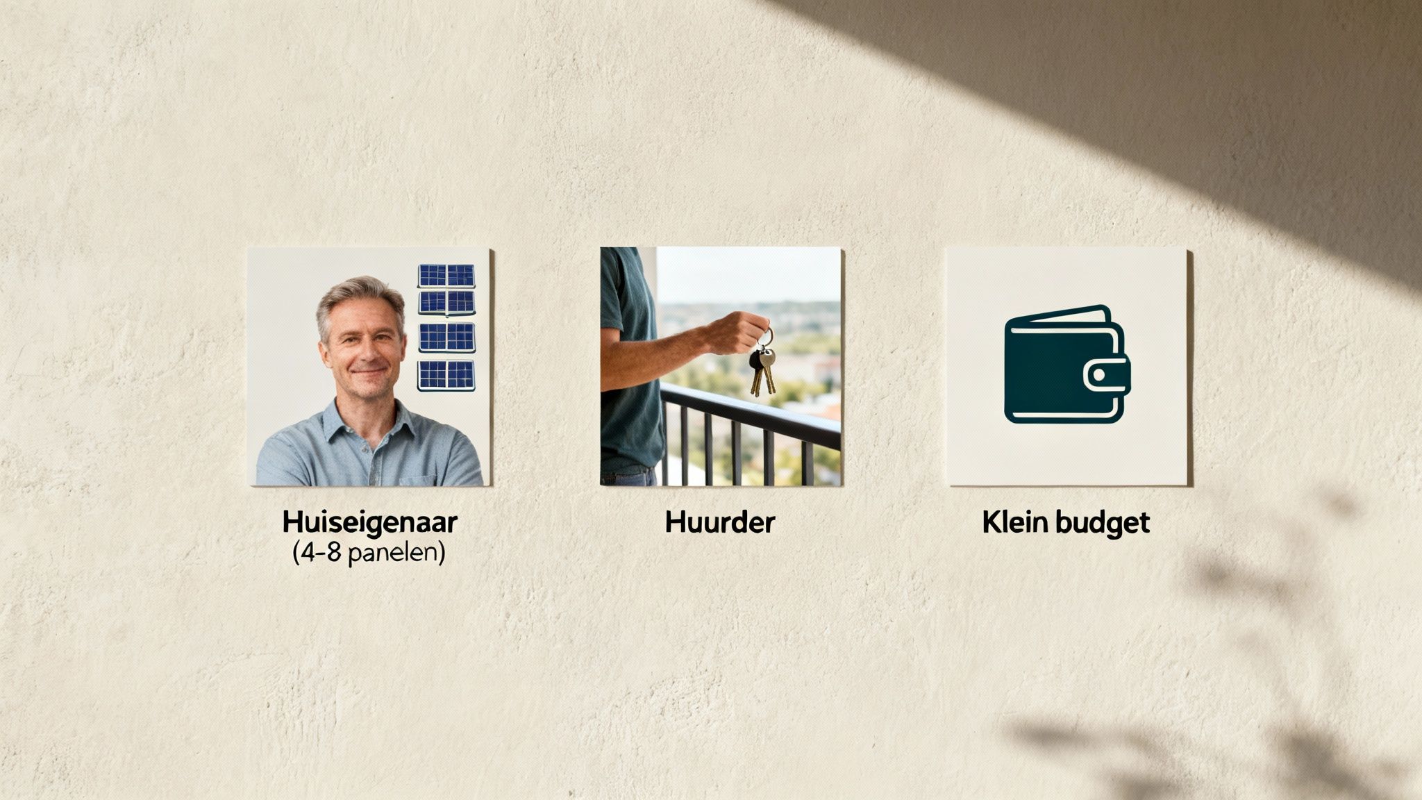 Drie opties voor energie: huiseigenaar met zonnepanelen, huurder met sleutels, en een klein budget met portemonnee.