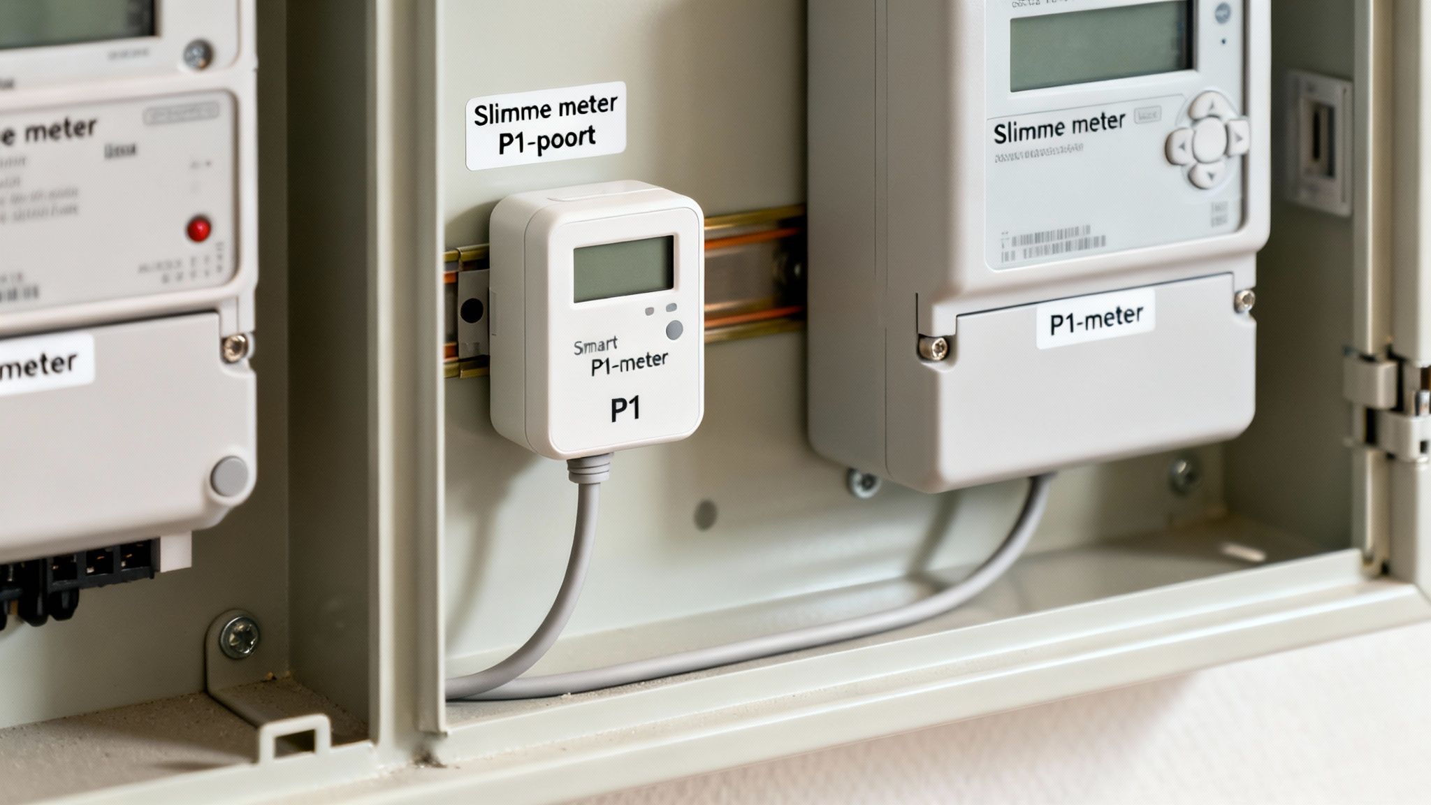 P1 meter installatie: een complete handleiding 2 Detail van een meterkast met slimme meters en een aangesloten P1-meter voor energieverbruik monitoring.
