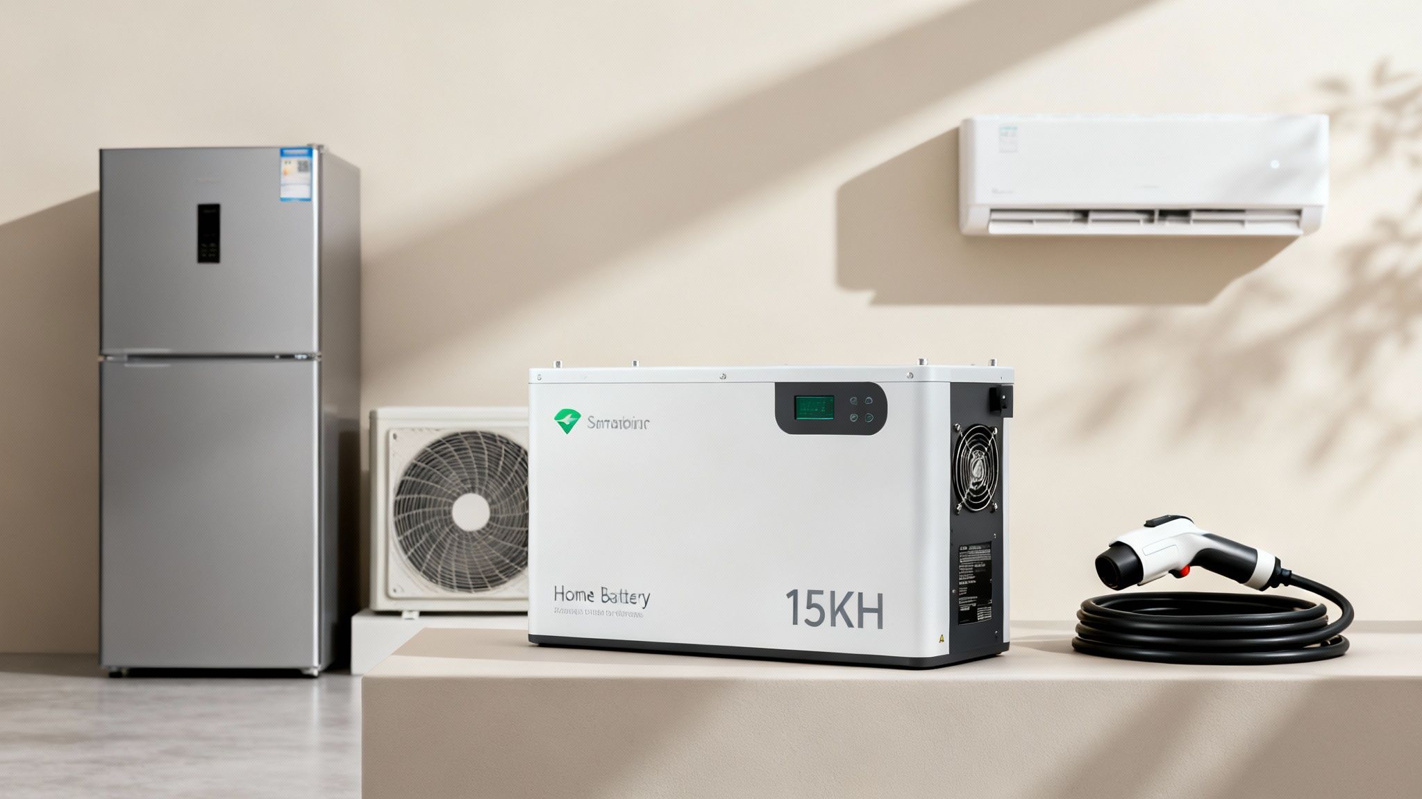 Witte thuisbatterij van 15 KWH met laadkabel voor elektrische auto, koelkast en airconditioning.
