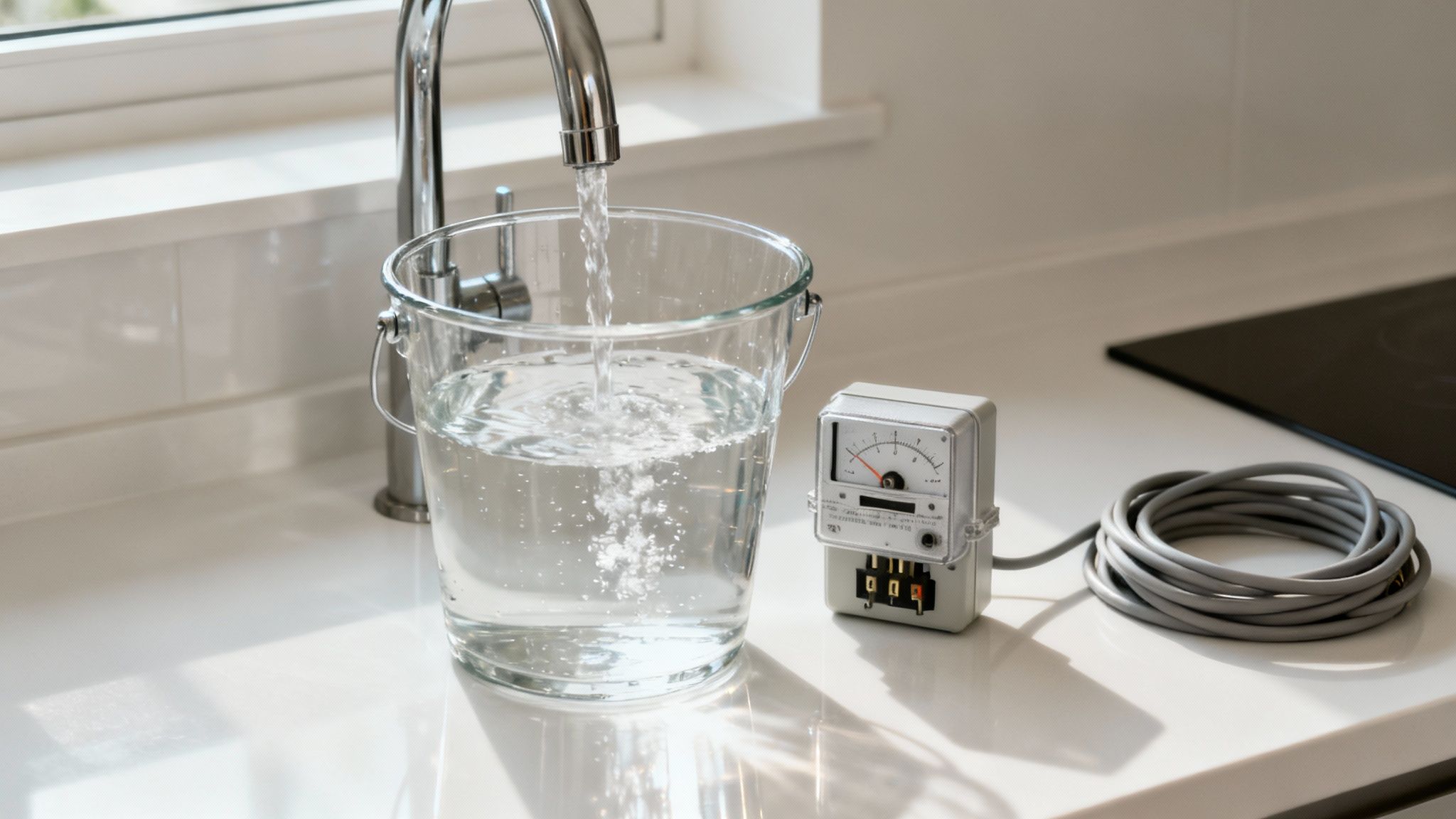 Wat is kWh en hoe beïnvloedt het je energierekening? 2 Een kraan vult een emmer met water op een aanrecht, naast een energiemeter en een opgerolde kabel.