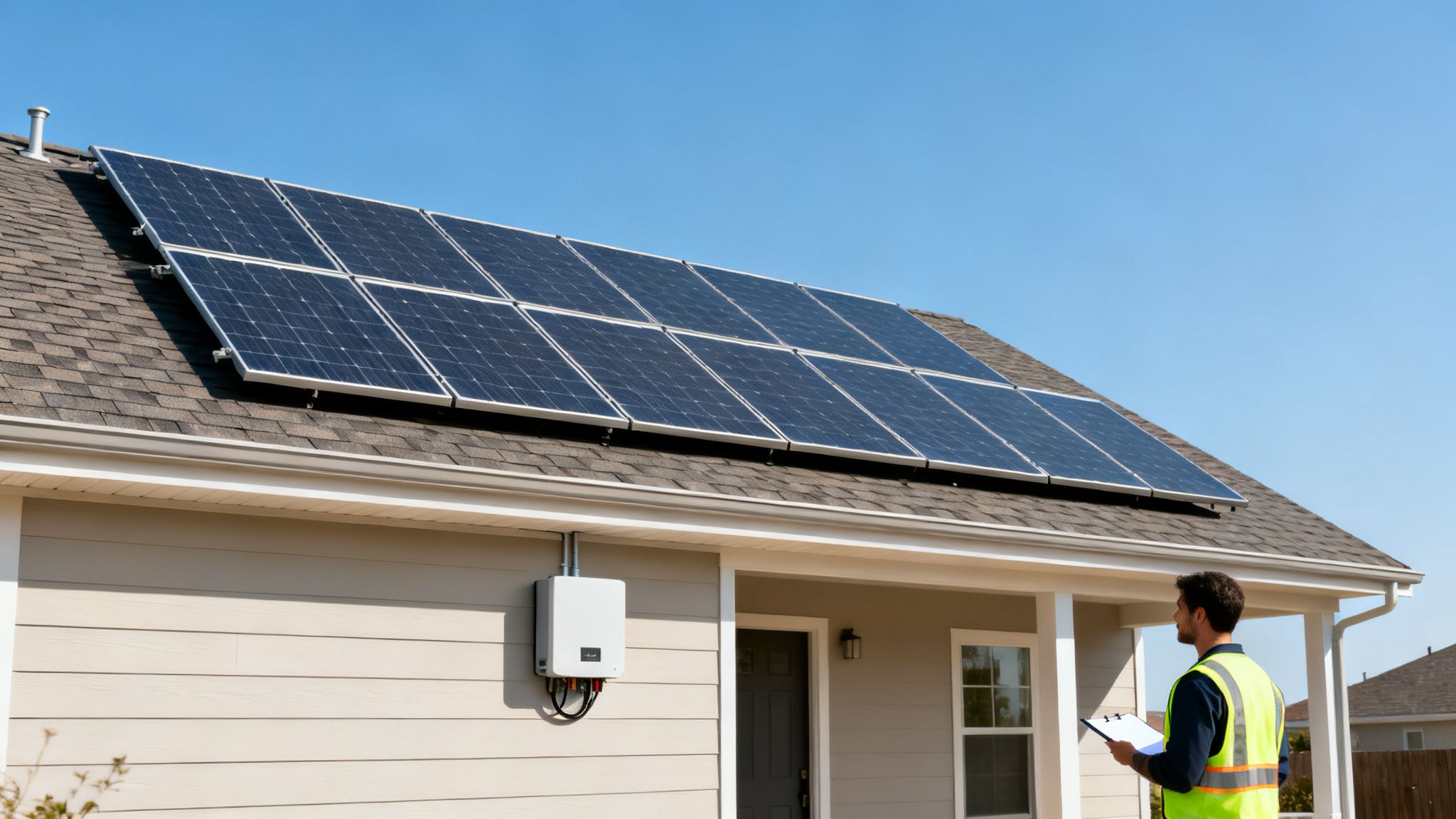 Een man in een veiligheidsvest inspecteert zonnepanelen op het dak van een huis op een zonnige dag.