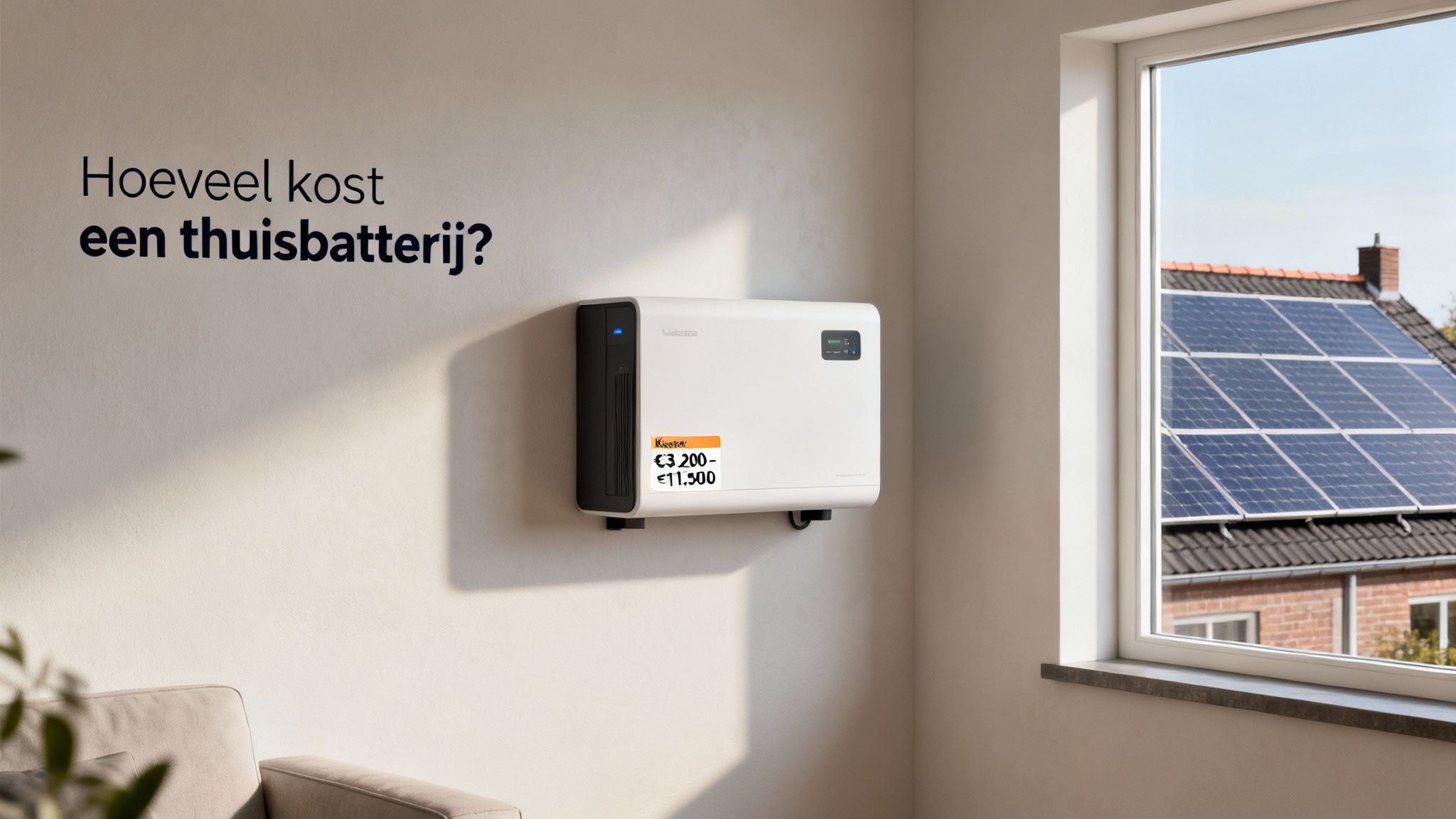 Een thuisbatterij aan de muur in een huis, met de vraag 'Hoeveel kost een thuisbatterij?' en zonnepanelen op het dak.