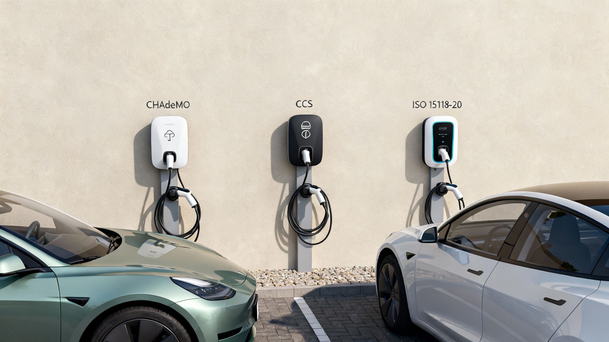Je auto als thuisbatterij gebruiken: een complete gids 3 Drie verschillende EV-laadstations (CHAdeMO, CCS, ISO 15118-20) aan een muur met twee elektrische auto's ervoor.
