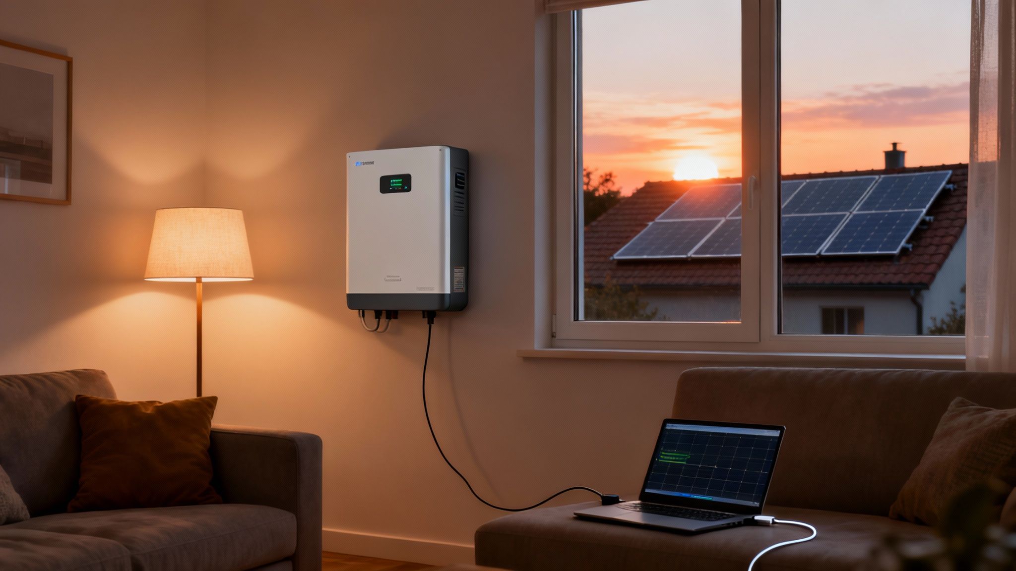 Wat is kWh en hoe beïnvloedt het je energierekening? 5 Een zonne-energie omvormer in een woonkamer, gekoppeld aan een laptop, met zonnepanelen op het dak bij zonsondergang.