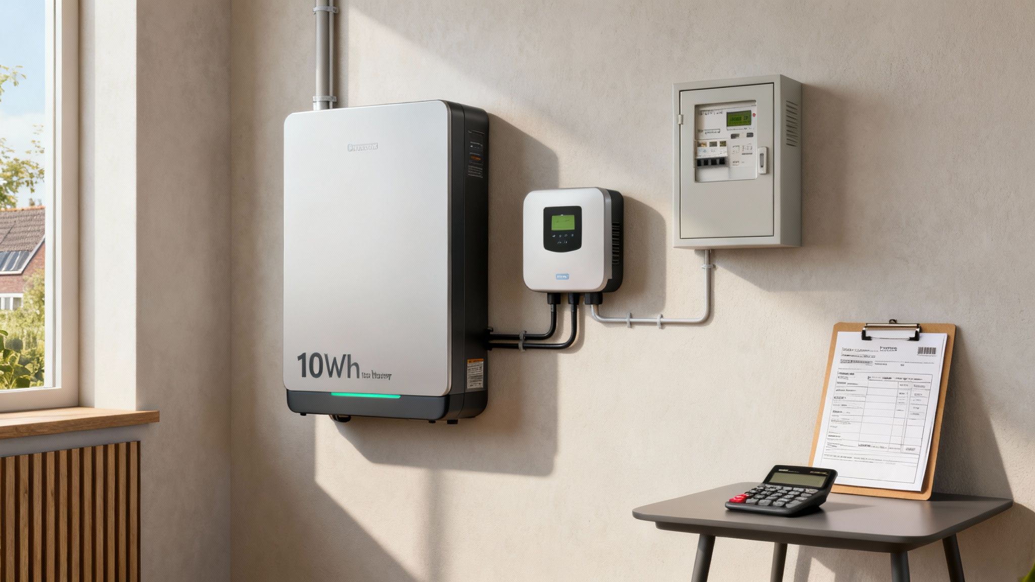 Een 10kWh thuisbatterij met omvormer en elektrisch paneel gemonteerd aan de muur in een modern huis.