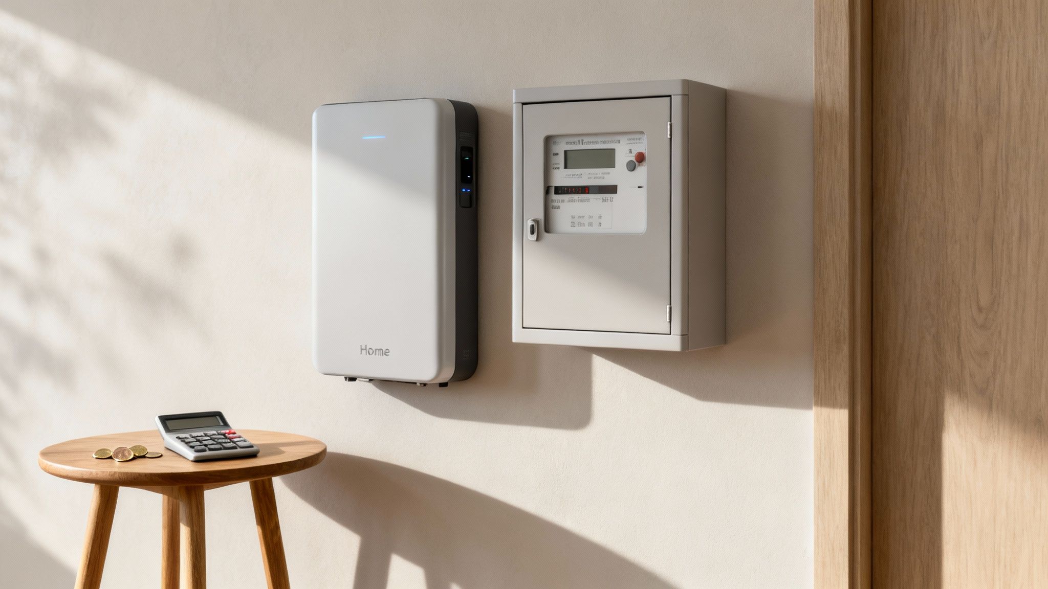 Een thuisbatterij en slimme meter aan de muur, met rekenmachine en munten op een bijzettafel.