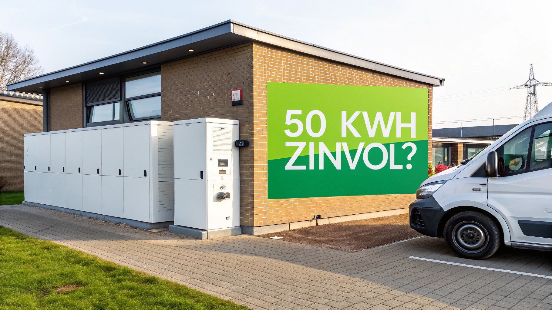 Gebouw met groen bord '50 KWH ZINVOL?' en buitenopslagunits naast een witte bestelwagen.