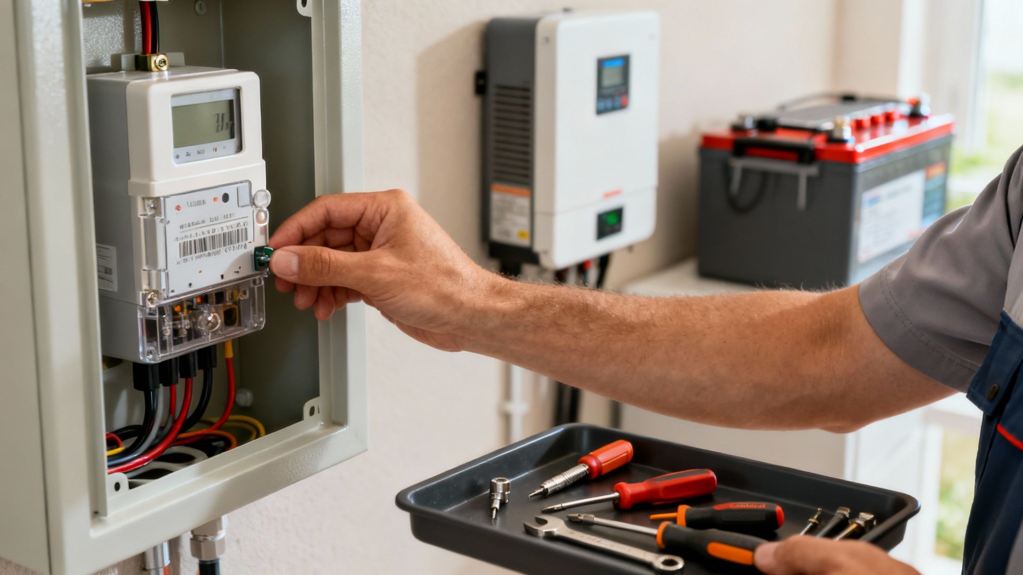 Een technicus past een slimme energiemeter aan in een schakelkast, met een zonnepanelen omvormer en thuisbatterij op de achtergrond.