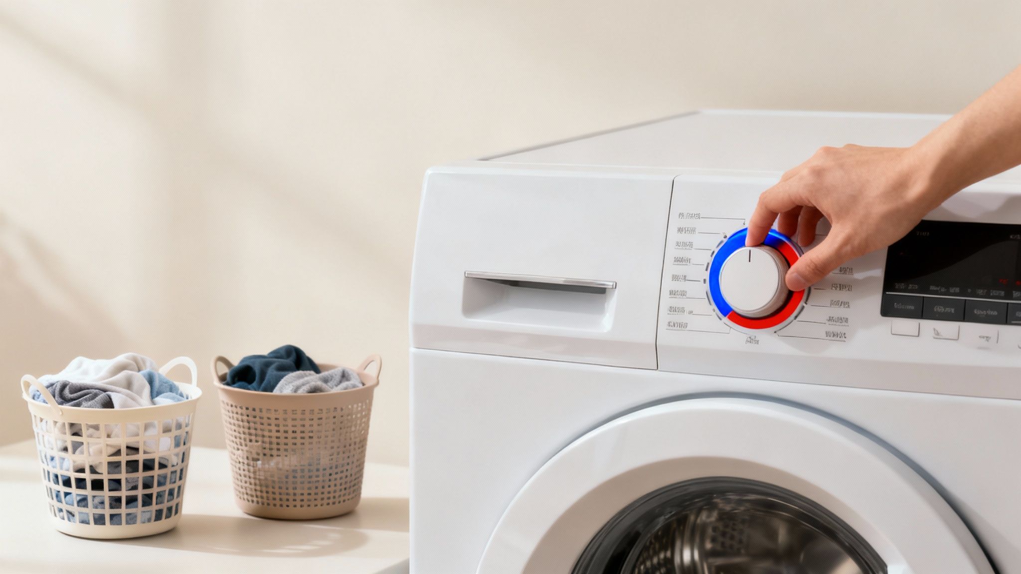 Een hand stelt de draaiknop van een wasmachine in, met twee wasmanden vol kleding ernaast.