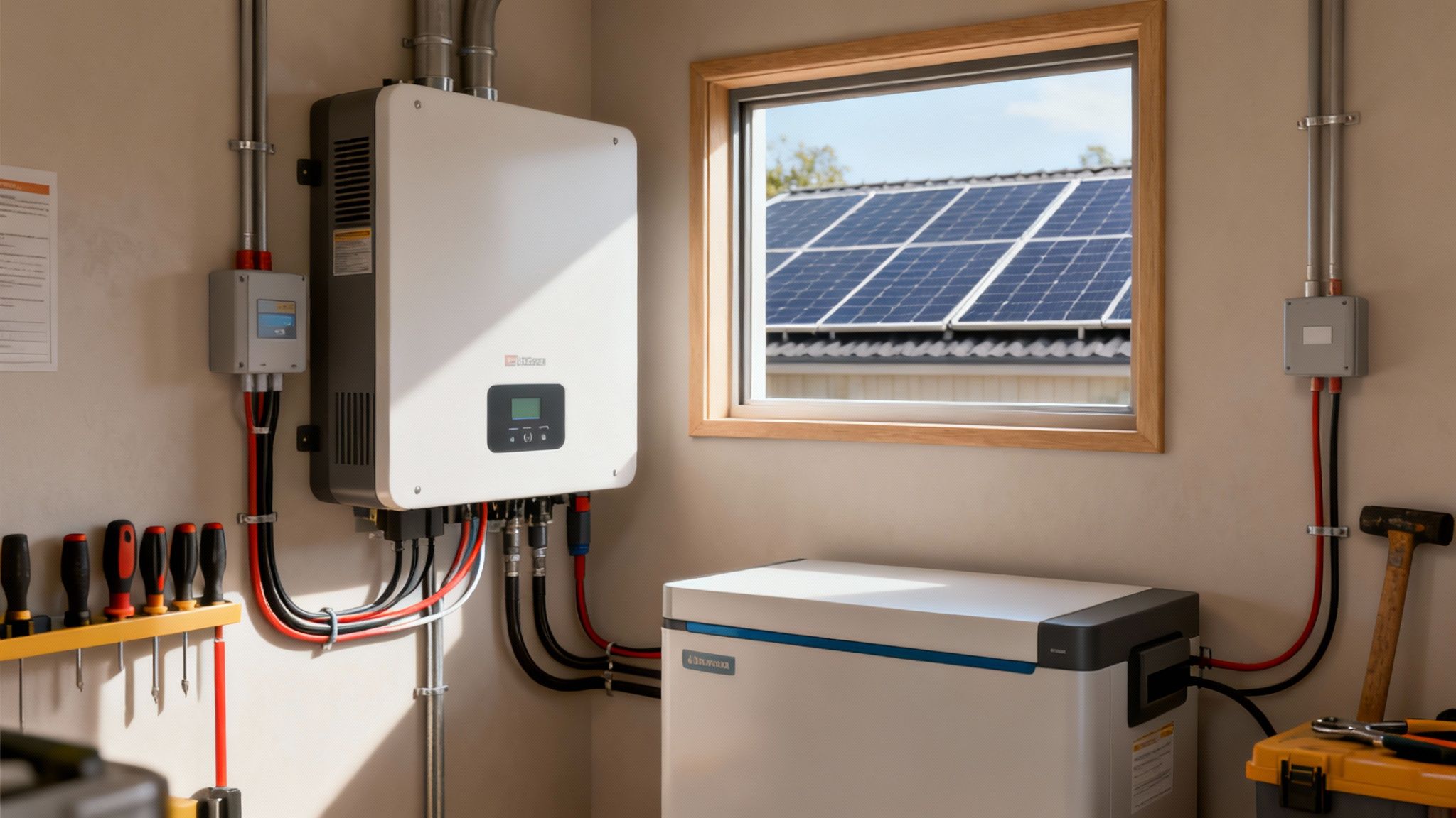 Zonnepanelen met accu opslag: de complete gids 3 Binnenweergave van een efficiënt zonne-energiesysteem met omvormer, batterijopslag en zicht op zonnepanelen.