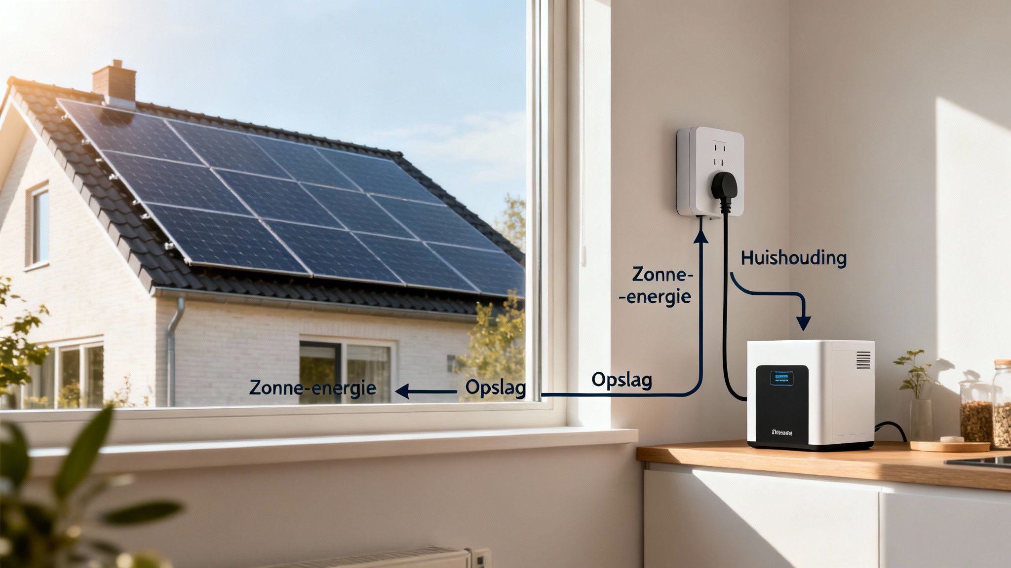 Systeem met zonnepanelen op dak, een thuisbatterij van Etepower die zonne-energie opslaat en aan het huishouden levert.
