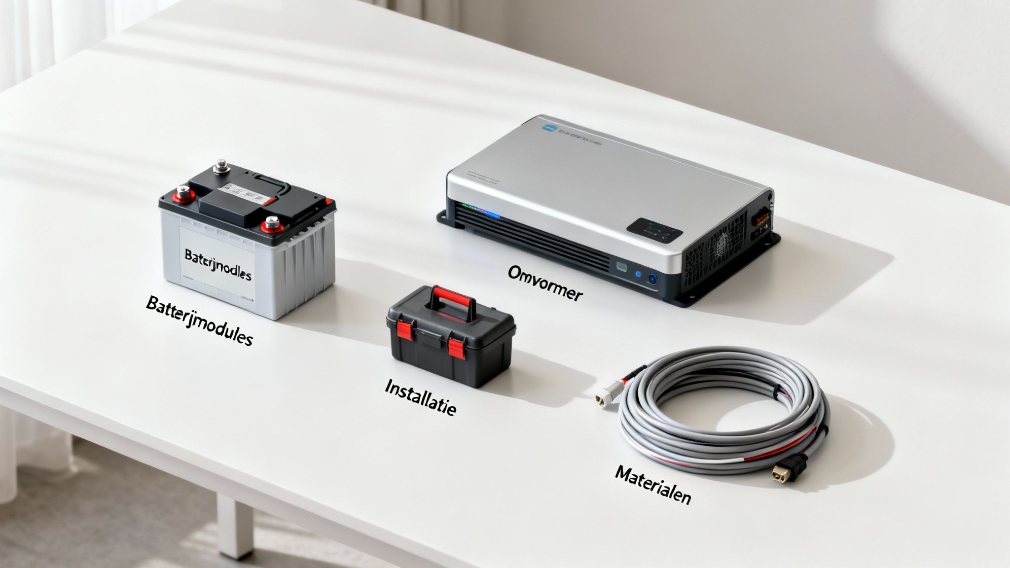 Essentiële onderdelen van een thuisbatterijsysteem, inclusief batterijmodules, omvormer, gereedschap en materialen.