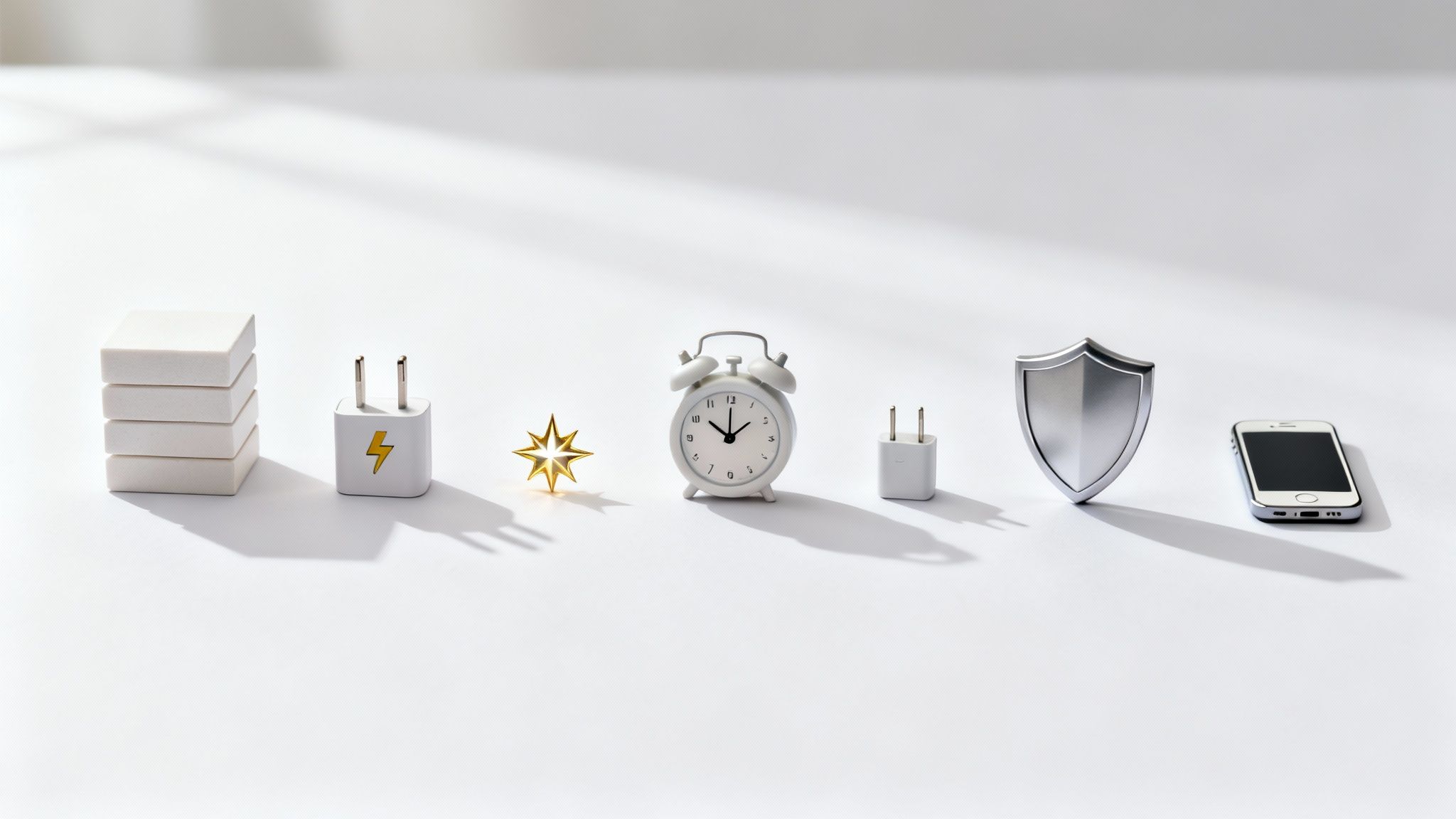 Een schone flat lay met een stapel witte blokken, opladers, een gouden ster, een wekker, een schild en een smartphone.
