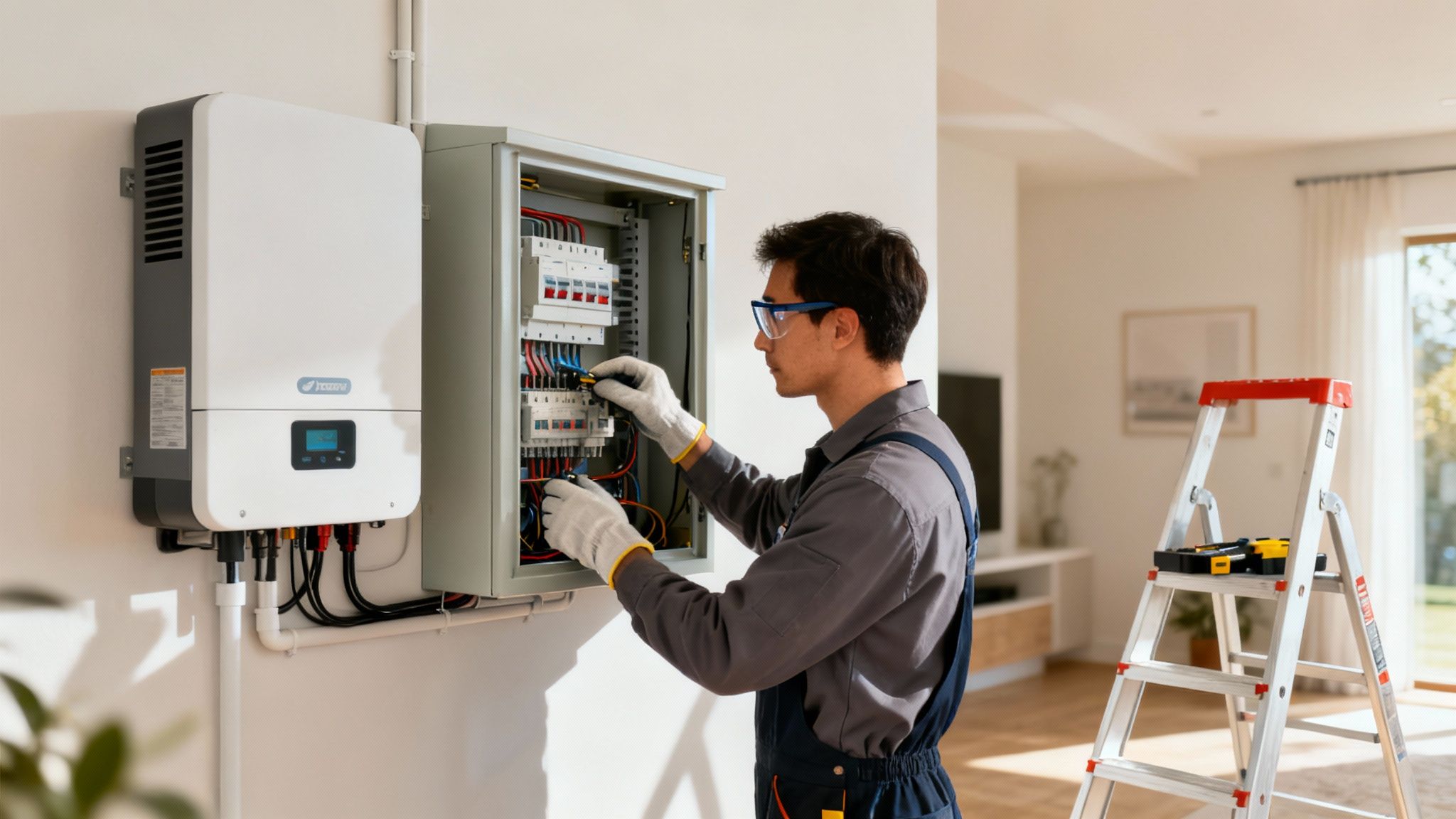 Monteur installeert een hybride omvormer en werkt aan een elektrisch paneel voor zonne-energie.