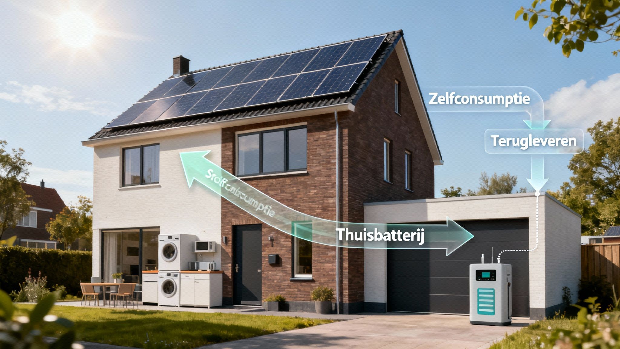 Wat is energieneutraal wonen? Een complete gids voor Nederland 3 Woning met zonnepanelen en thuisbatterij die de energiestroom voor zelfconsumptie en teruglevering visualiseert.