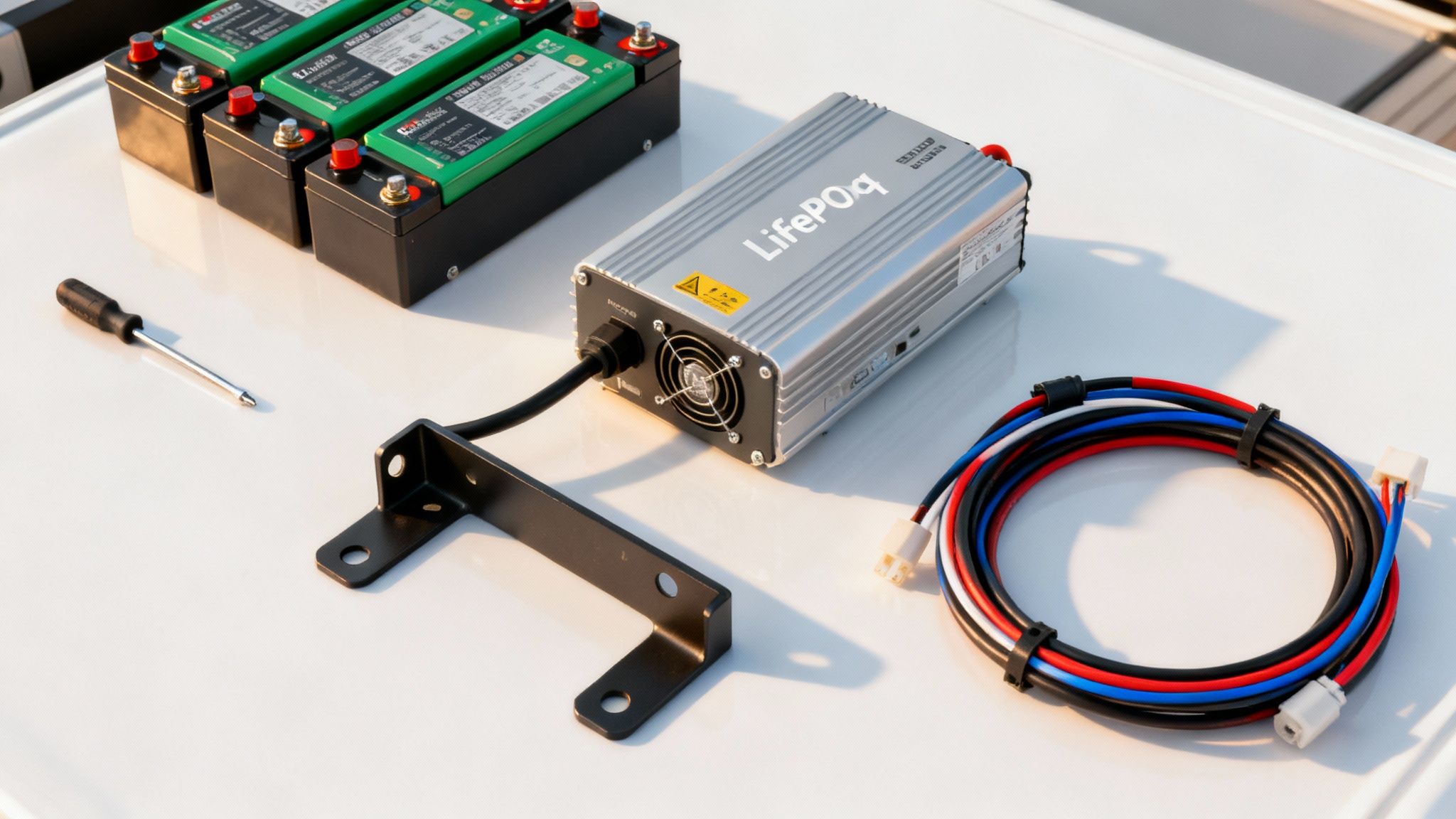 Wat kost een thuisbatterij: De complete gids voor prijzen en terugverdientijd 3 Een overzicht van LifePO4-batterijen, een lader, montagemateriaal en elektrische kabels op een witte ondergrond.