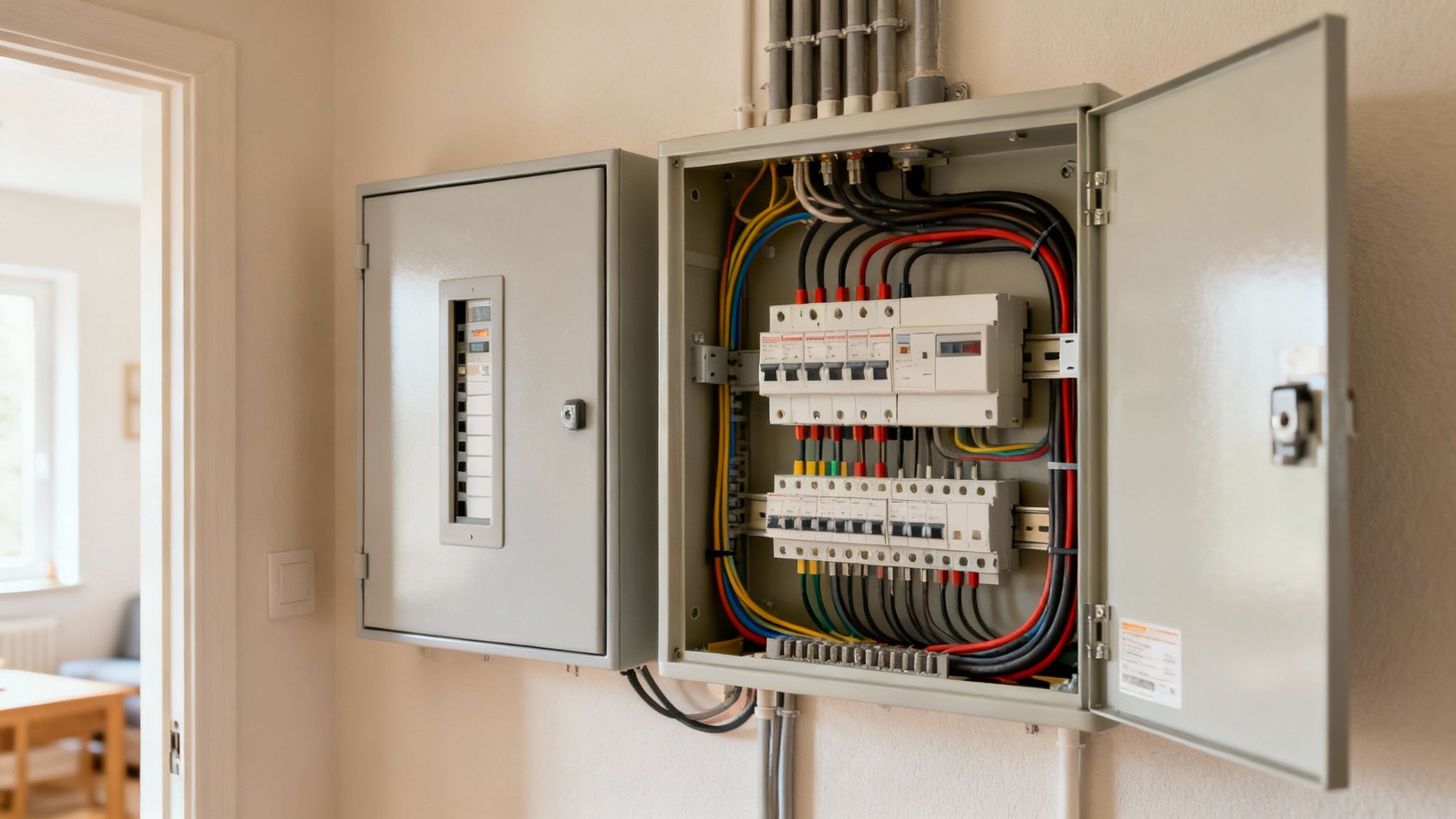 Wat is krachtstroom? Een heldere uitleg over 1-fase- en 3-faseaansluitingen 3 Gedetailleerd beeld van een open elektrische verdeelkast met bedrading en stroomonderbrekers, naast een gesloten zekeringkast.
