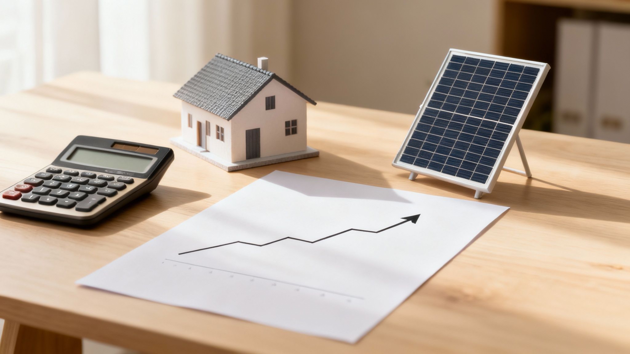 Een modelhuis, zonnepaneel, rekenmachine en stijgende grafiek op een houten tafel, symboliseert investeringen in duurzame energie.