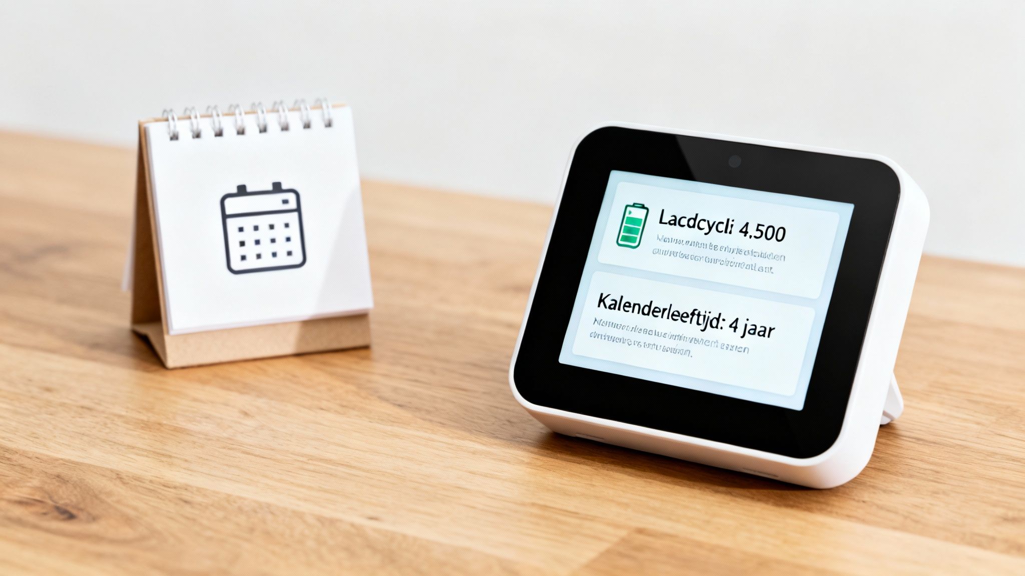 Hoe lang gaat een thuisbatterij mee? 3 Een smart display toont batterij laadcycli en leeftijd, vergezeld van een kleine kalender.