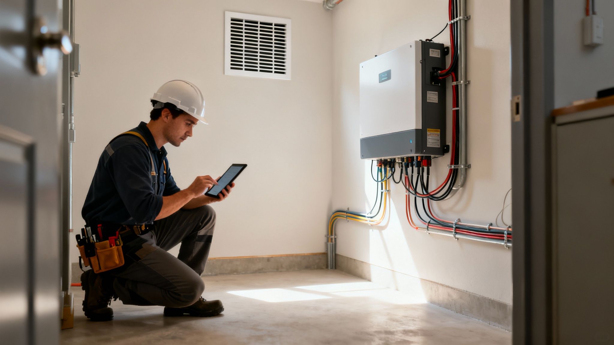 Man in helm en werkoutfit controleert een thuisbatterijsysteem met een tablet.